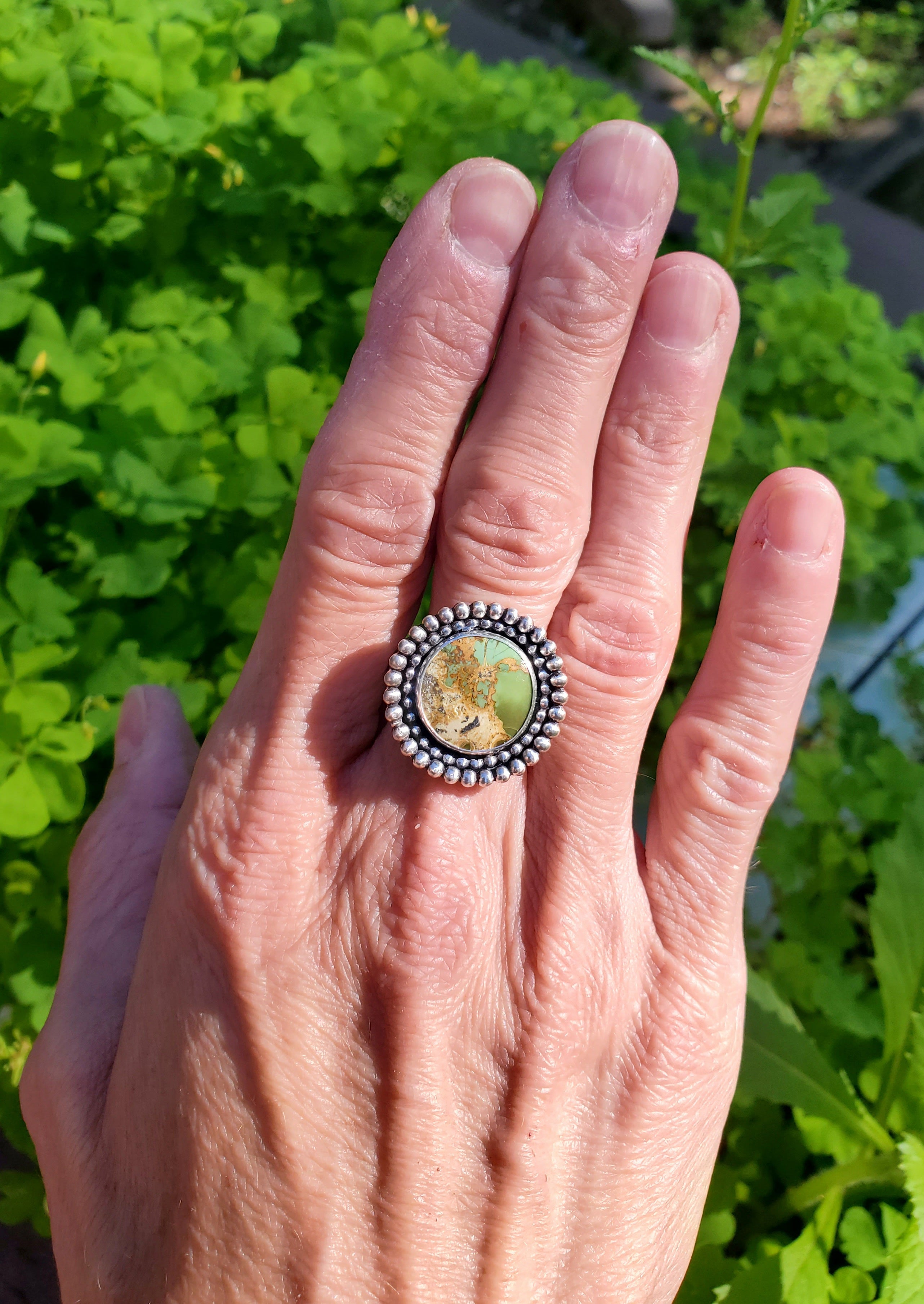 Chameleon Variscite Statement Circle Ring in Solid Sterling Silver. Size 7.5