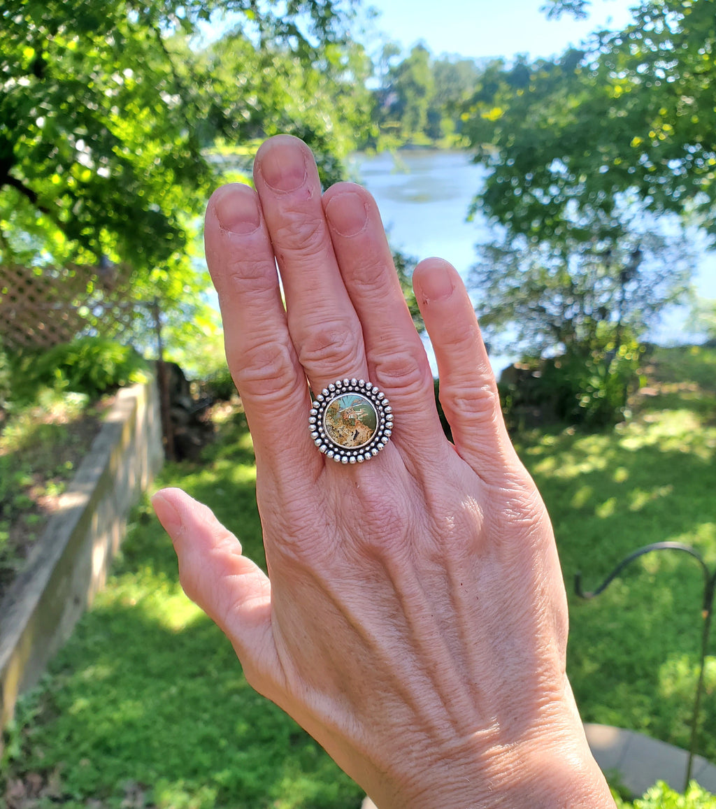 Chameleon Variscite Statement Circle Ring in Solid Sterling Silver. Size 7.5