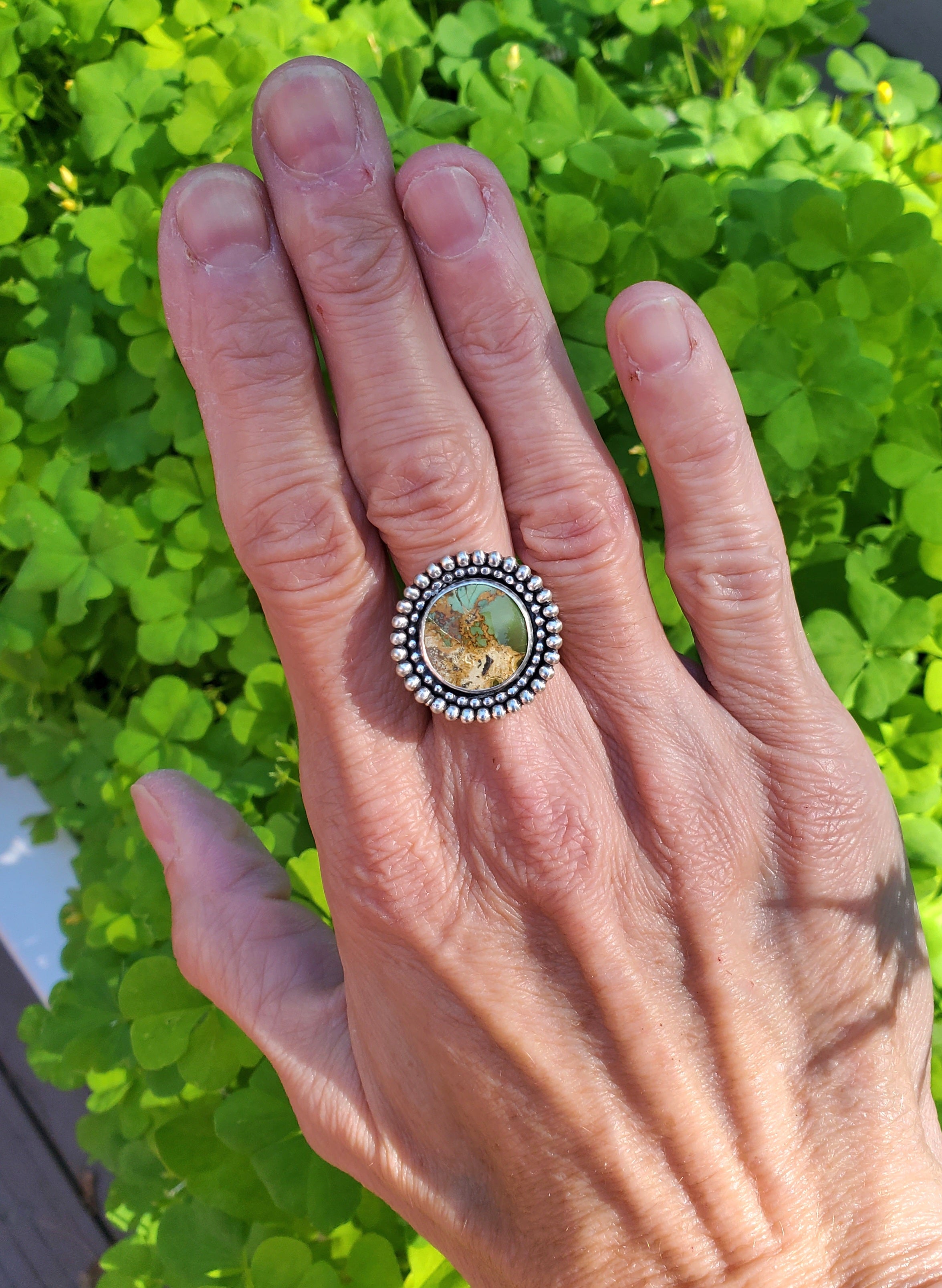 Chameleon Variscite Statement Circle Ring in Solid Sterling Silver. Size 7.5