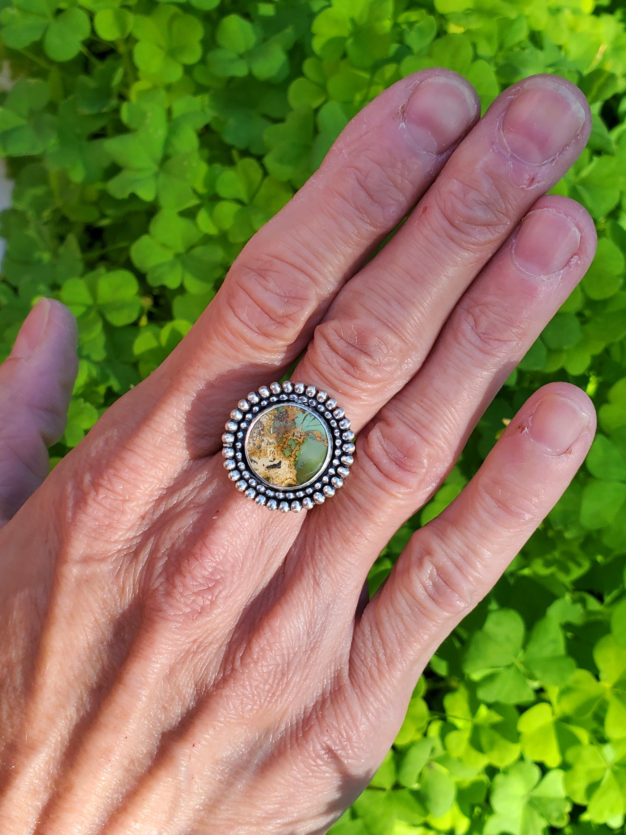 Chameleon Variscite Statement Circle Ring in Solid Sterling Silver. Size 7.5