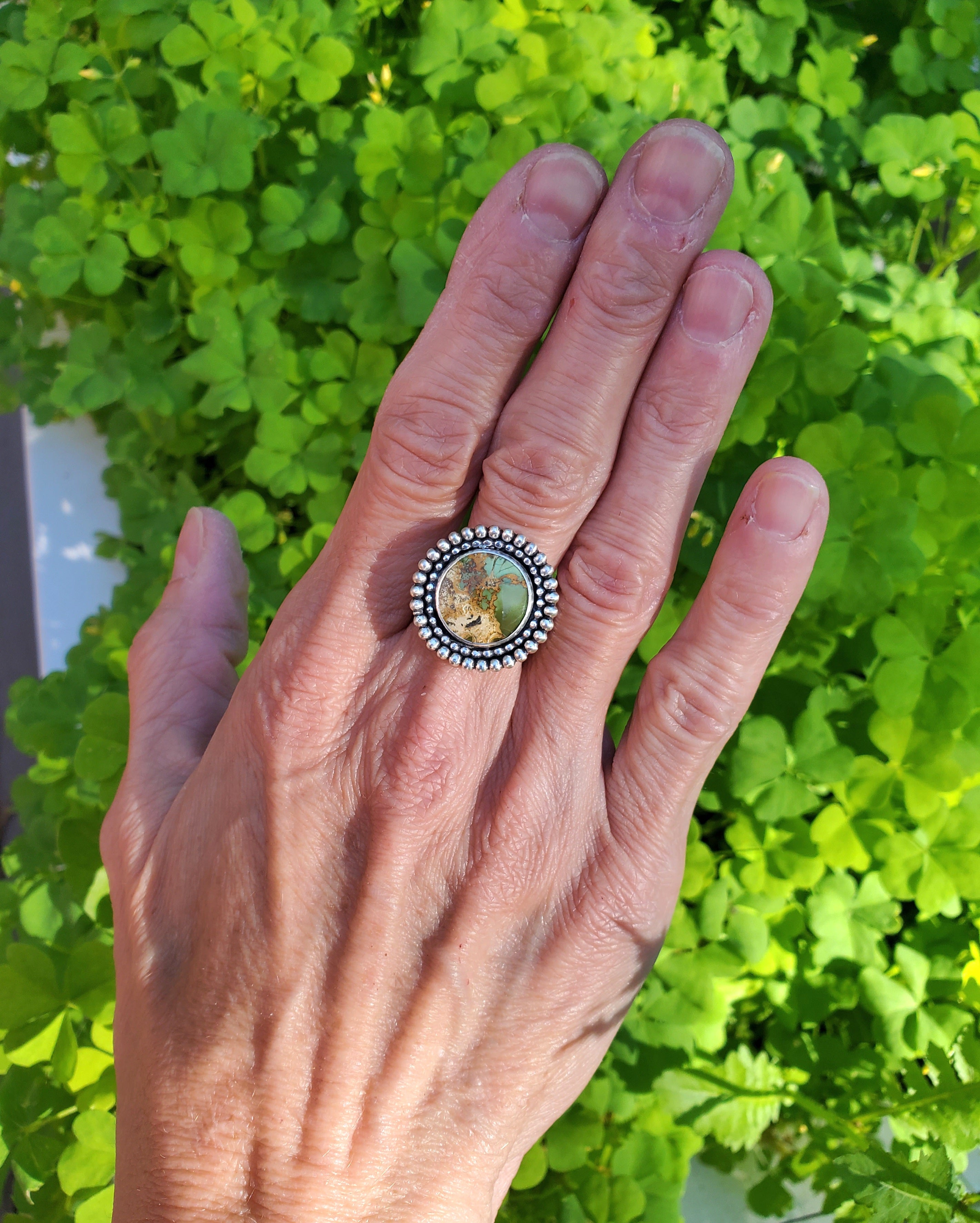Chameleon Variscite Statement Circle Ring in Solid Sterling Silver. Size 7.5