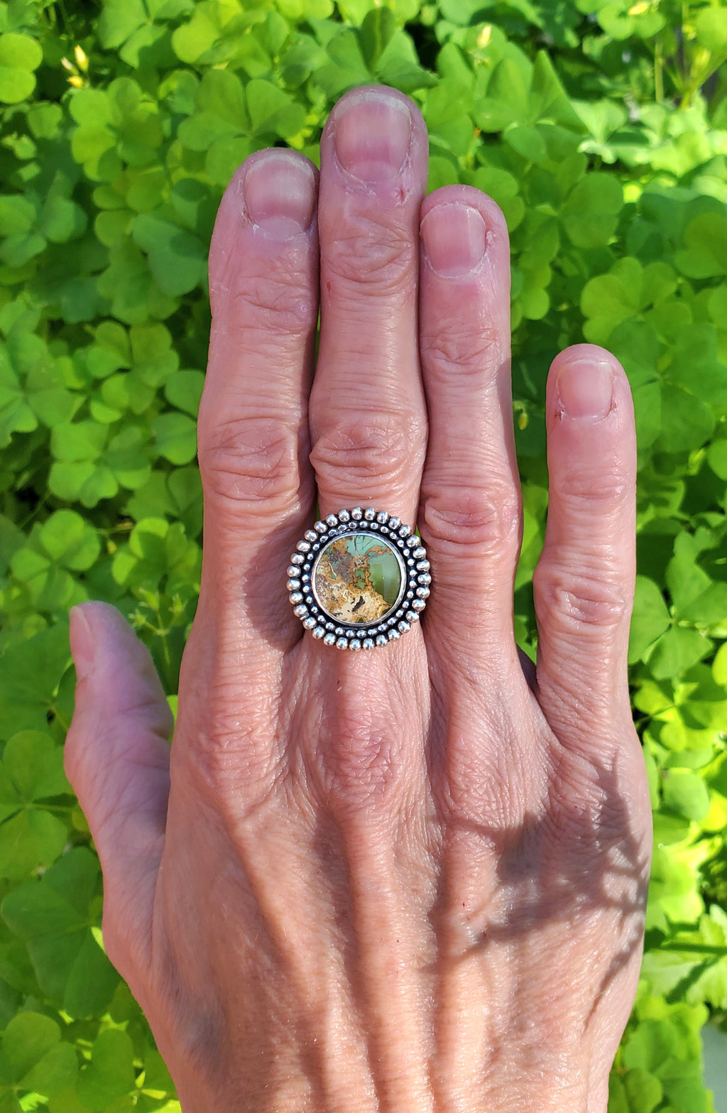 Chameleon Variscite Statement Circle Ring in Solid Sterling Silver. Size 7.5