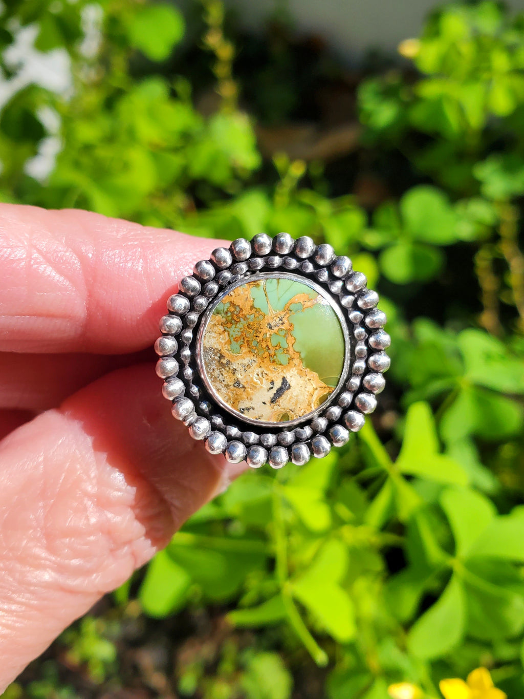 Chameleon Variscite Statement Circle Ring in Solid Sterling Silver. Size 7.5