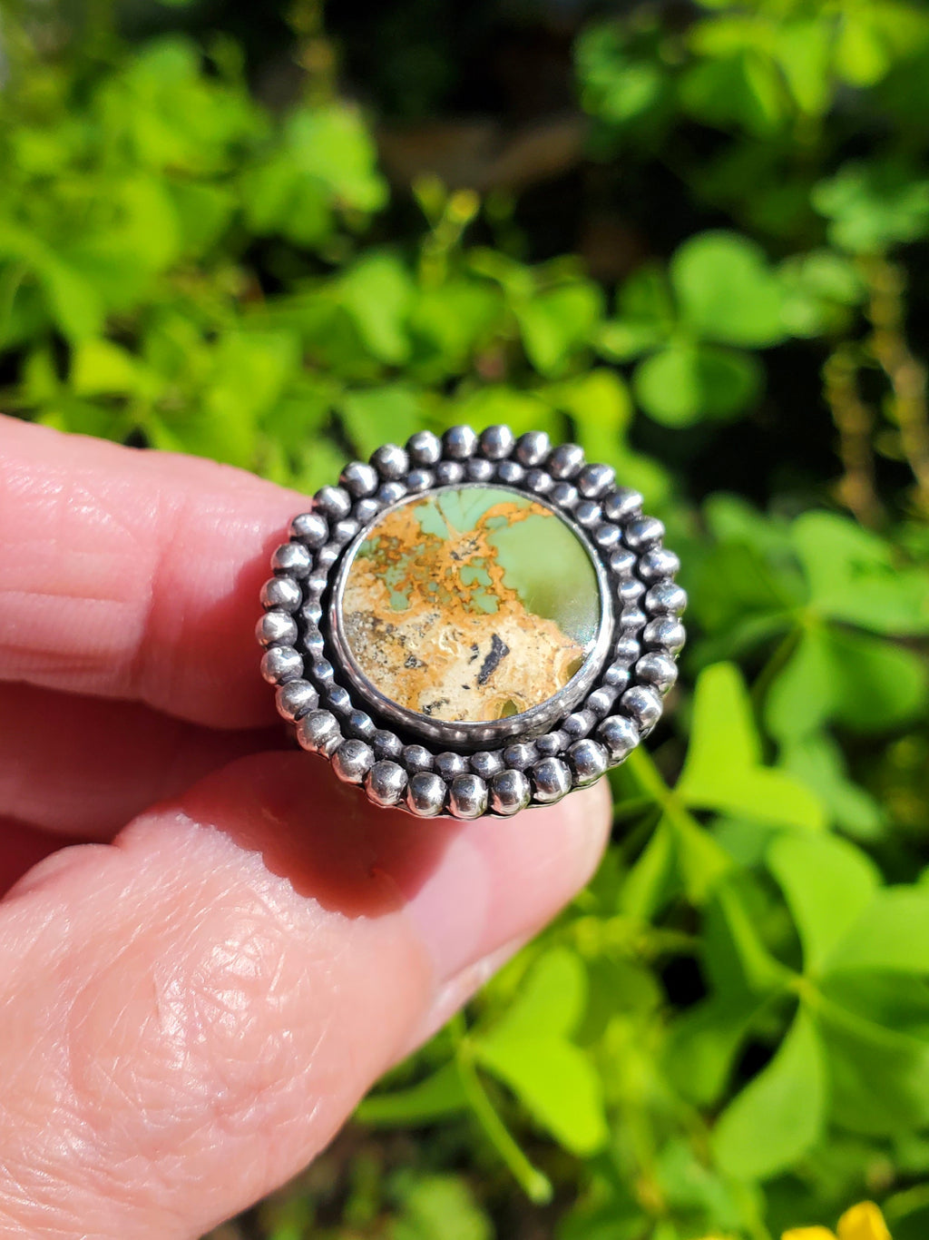 Chameleon Variscite Statement Circle Ring in Solid Sterling Silver. Size 7.5