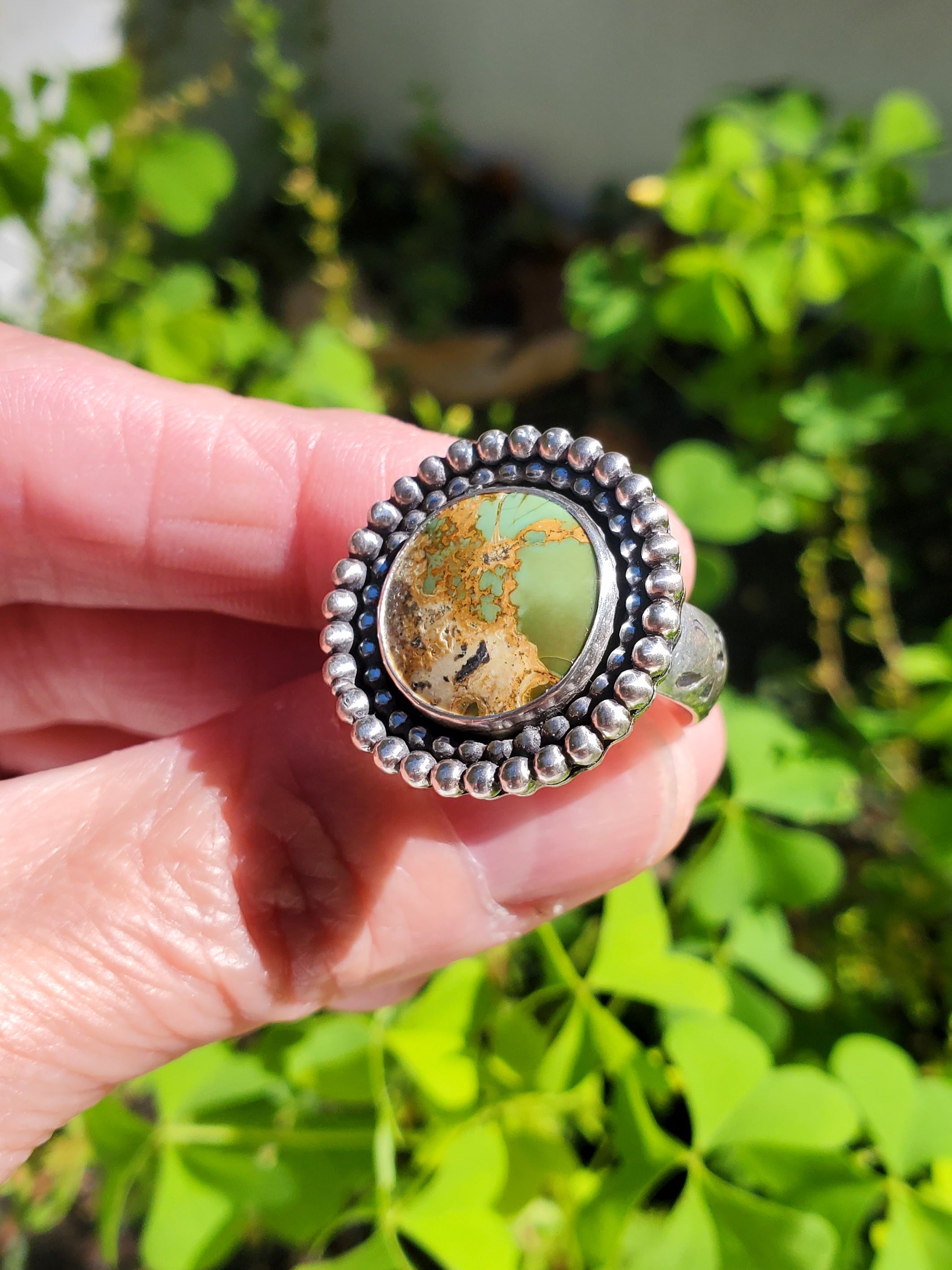 Chameleon Variscite Statement Circle Ring in Solid Sterling Silver. Size 7.5