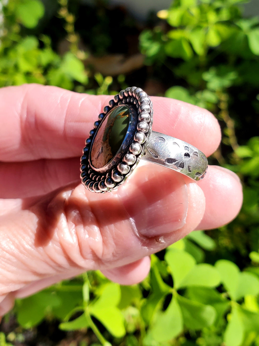 Chameleon Variscite Statement Circle Ring in Solid Sterling Silver. Size 7.5