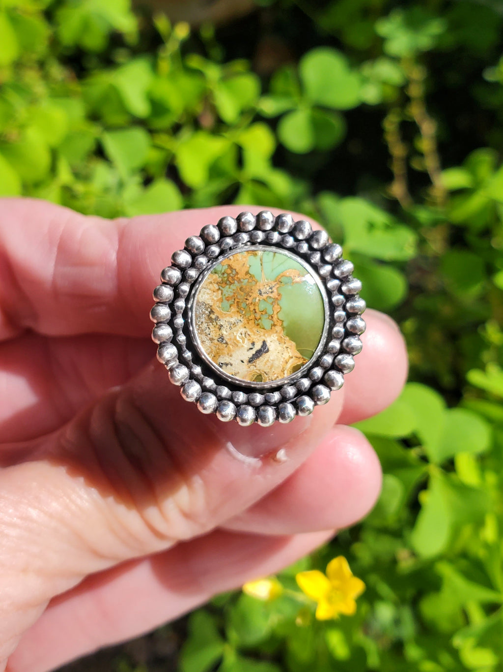 Chameleon Variscite Statement Circle Ring in Solid Sterling Silver. Size 7.5