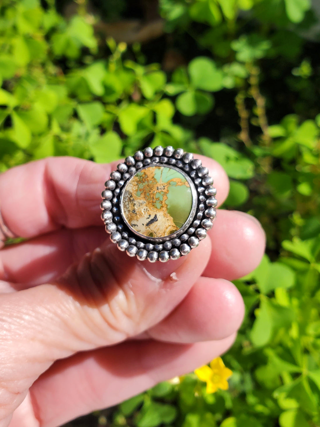 Chameleon Variscite Statement Circle Ring in Solid Sterling Silver. Size 7.5