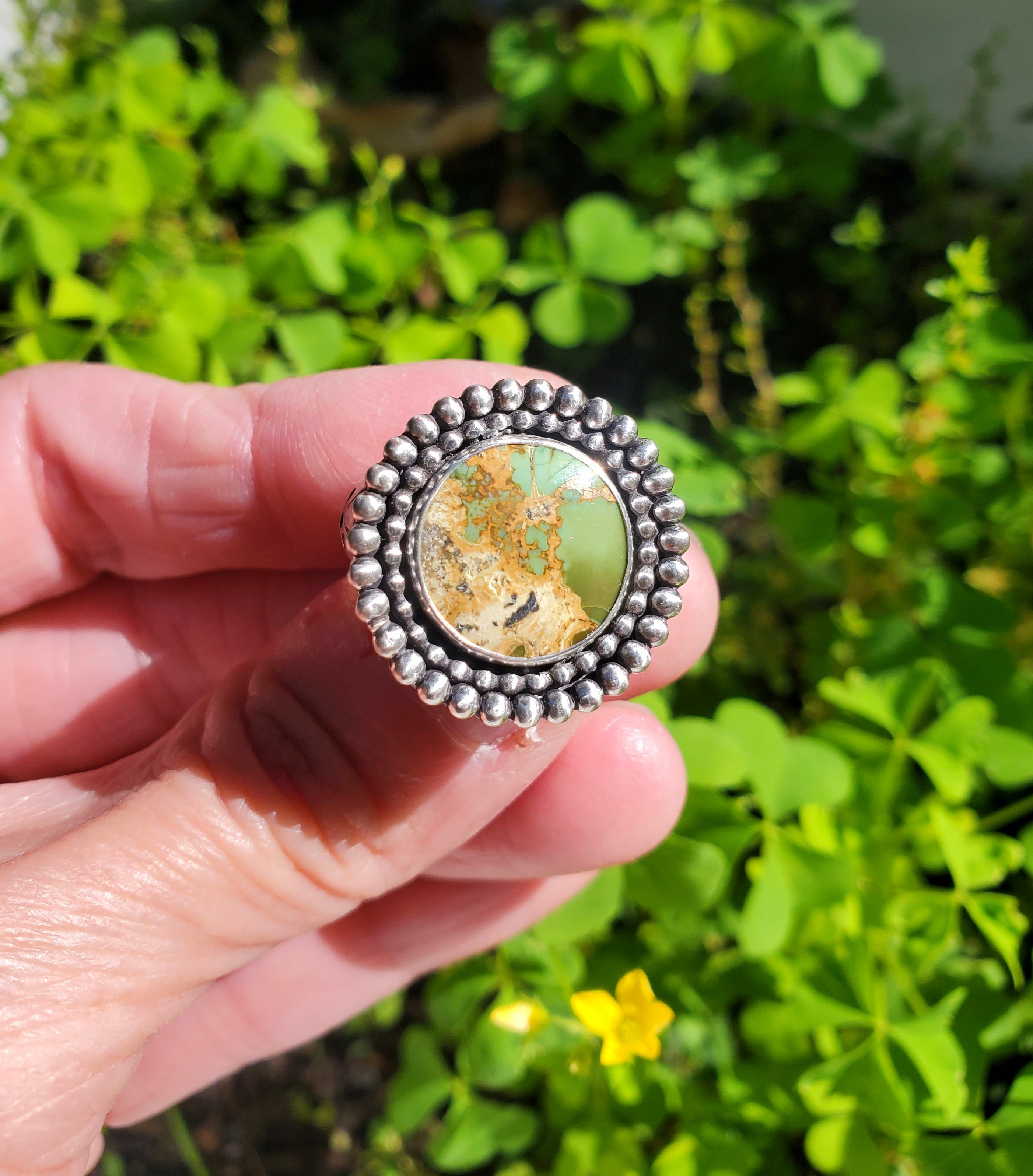 Chameleon Variscite Statement Circle Ring in Solid Sterling Silver. Size 7.5