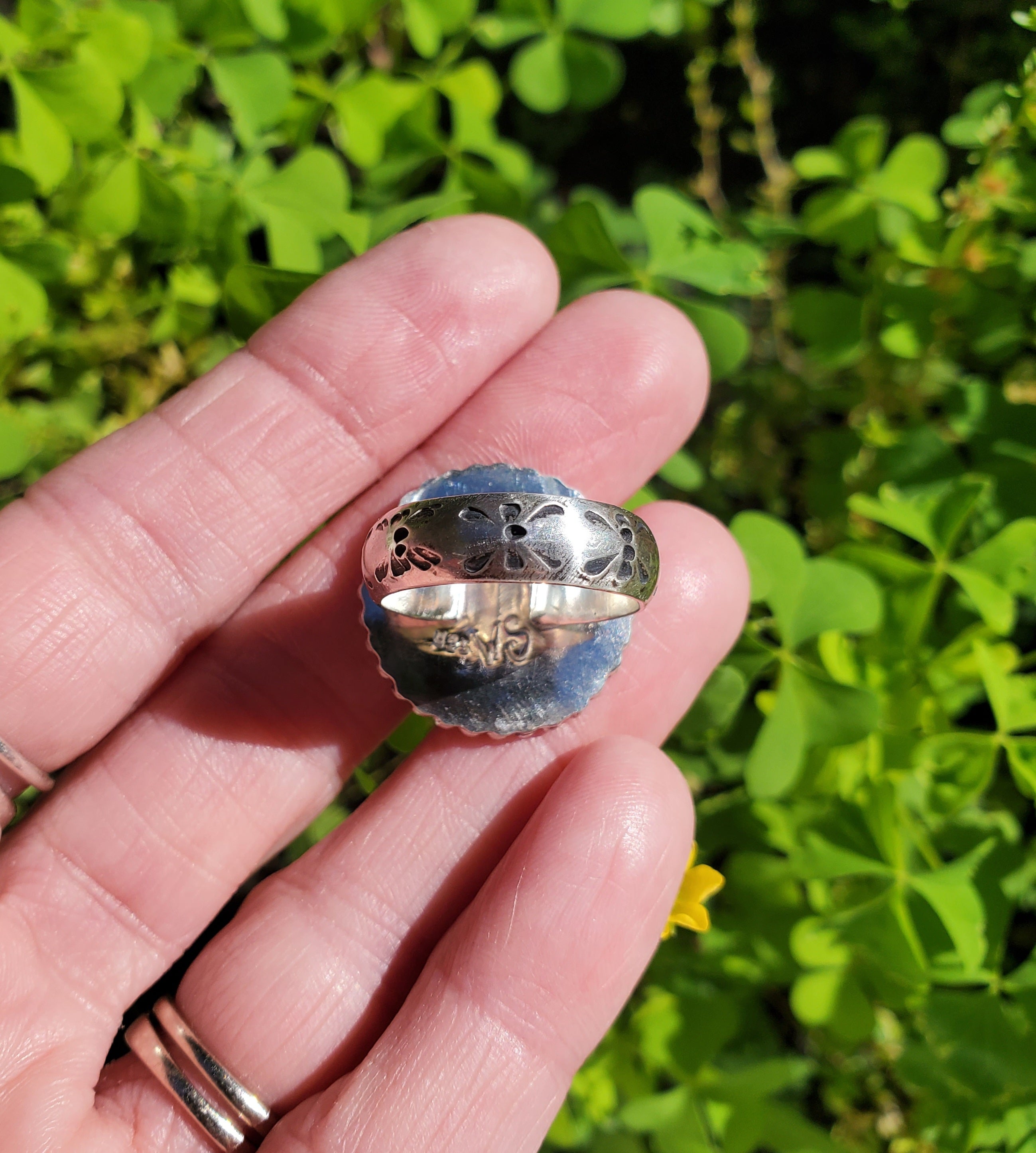 Chameleon Variscite Statement Circle Ring in Solid Sterling Silver. Size 7.5