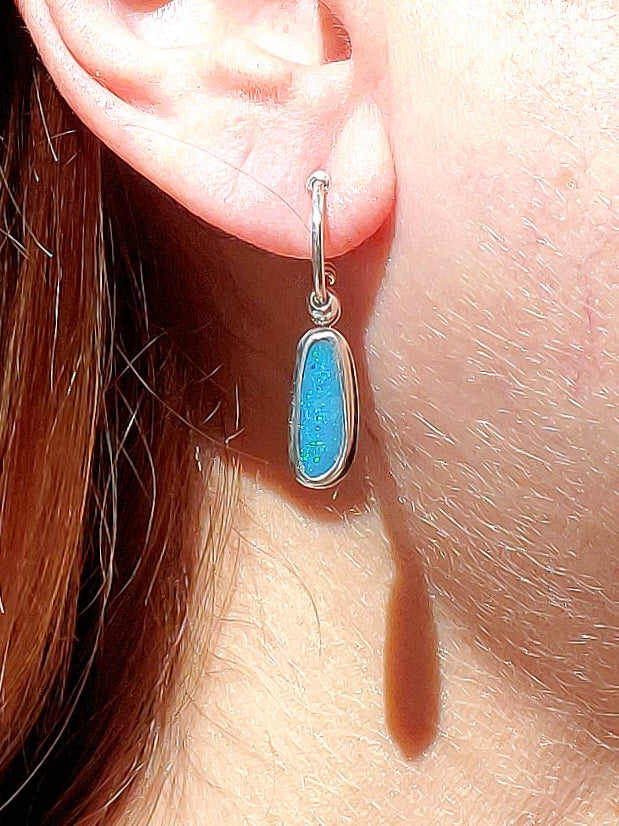 Australian Opal Hoop Dangle Earrings in Solid Sterling Silver