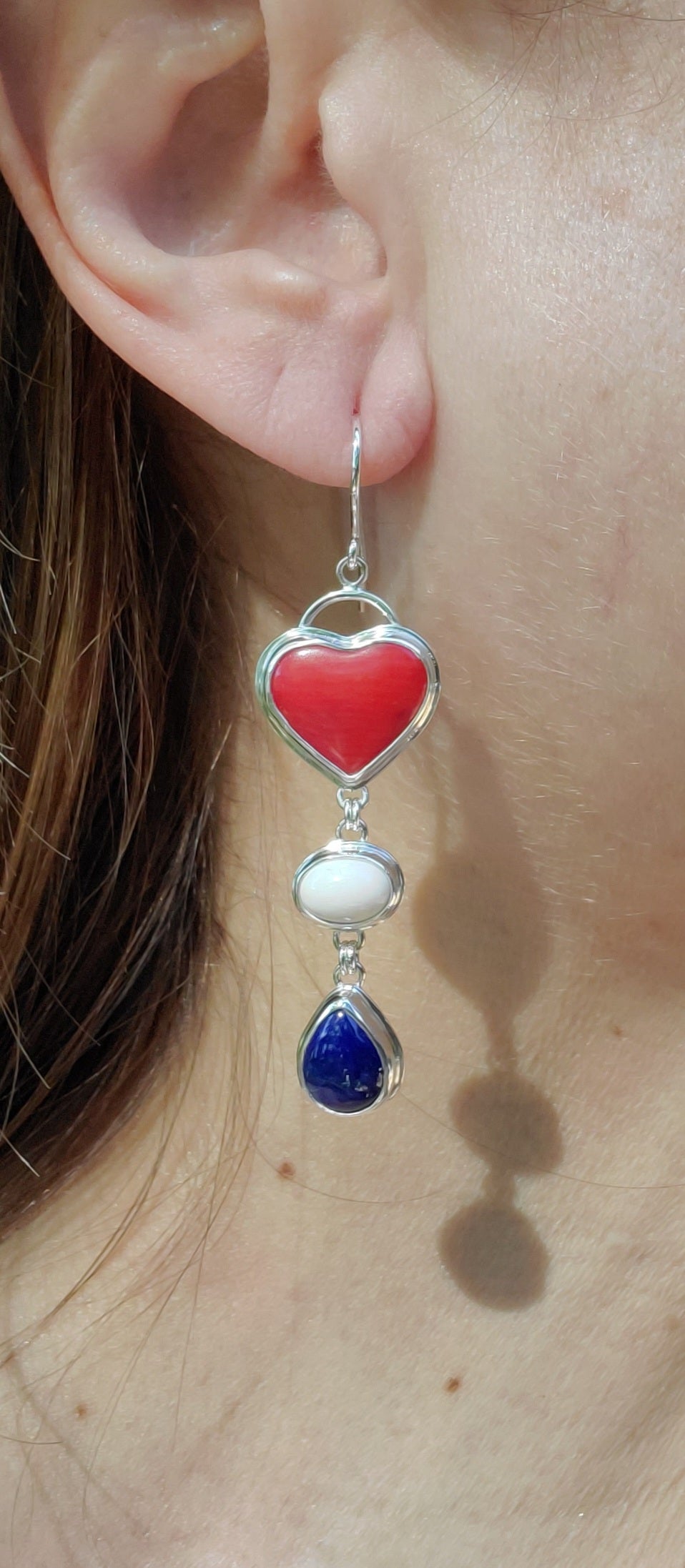 Red White and Blue Heart Dangle Earrings in Solid Sterling Silver (Lapis, Wh Buffalo, Coral)