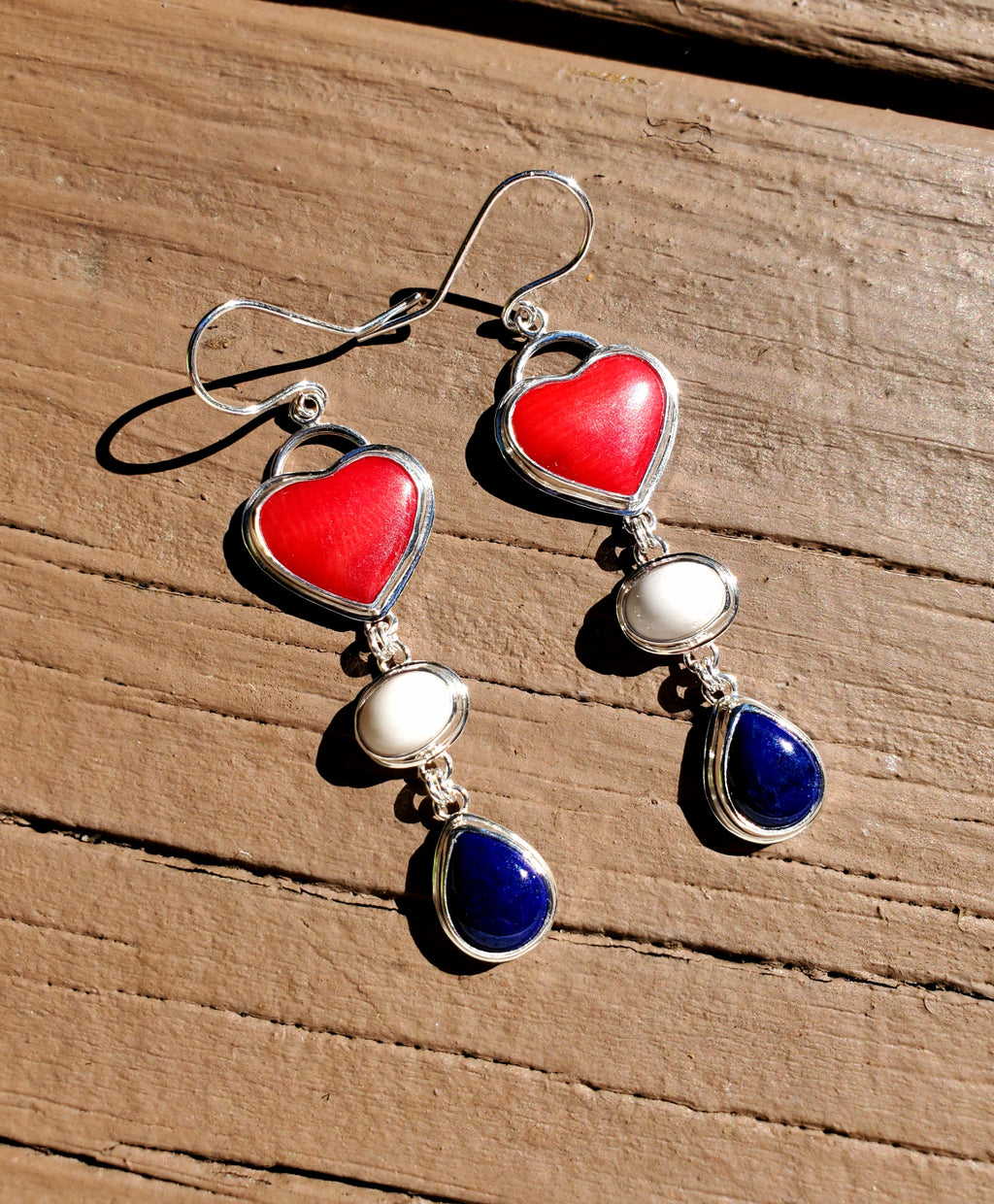 Red White and Blue Heart Dangle Earrings in Solid Sterling Silver (Lapis, Wh Buffalo, Coral)