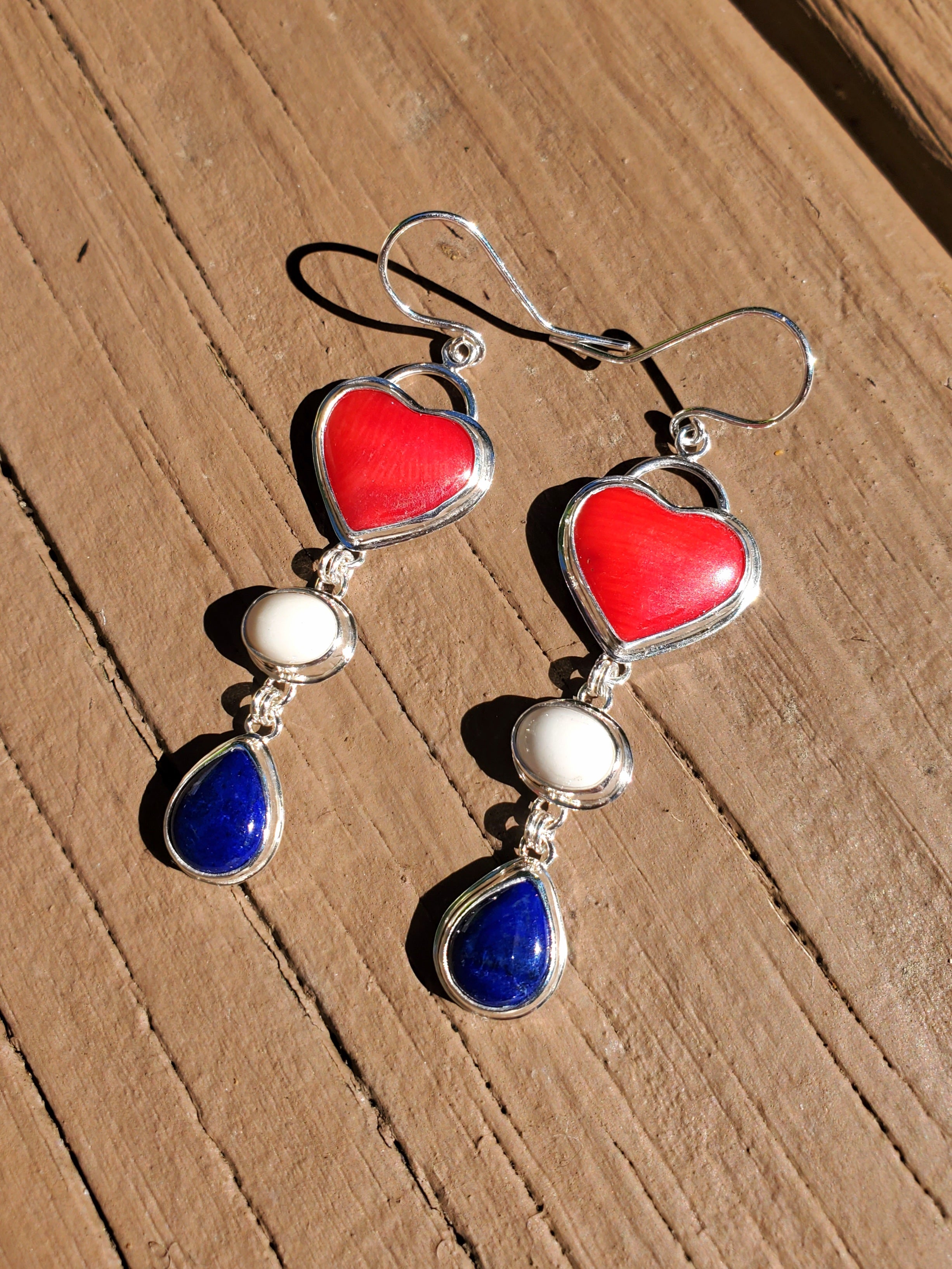 Red White and Blue Heart Dangle Earrings in Solid Sterling Silver (Lapis, Wh Buffalo, Coral)