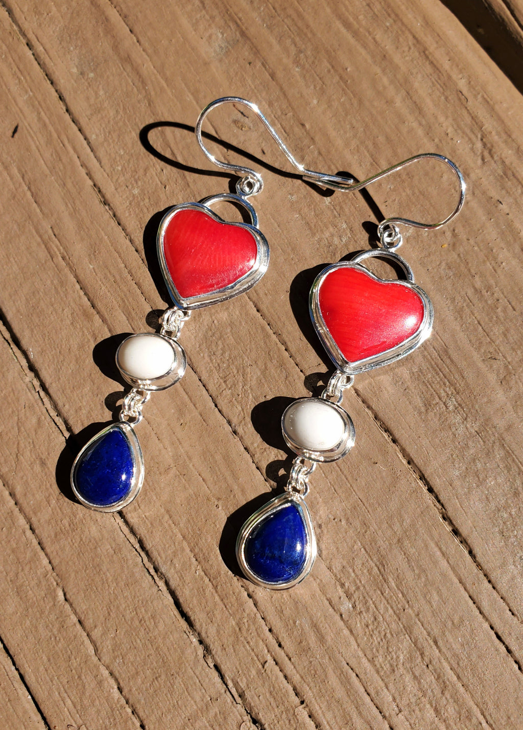 Red White and Blue Heart Dangle Earrings in Solid Sterling Silver (Lapis, Wh Buffalo, Coral)