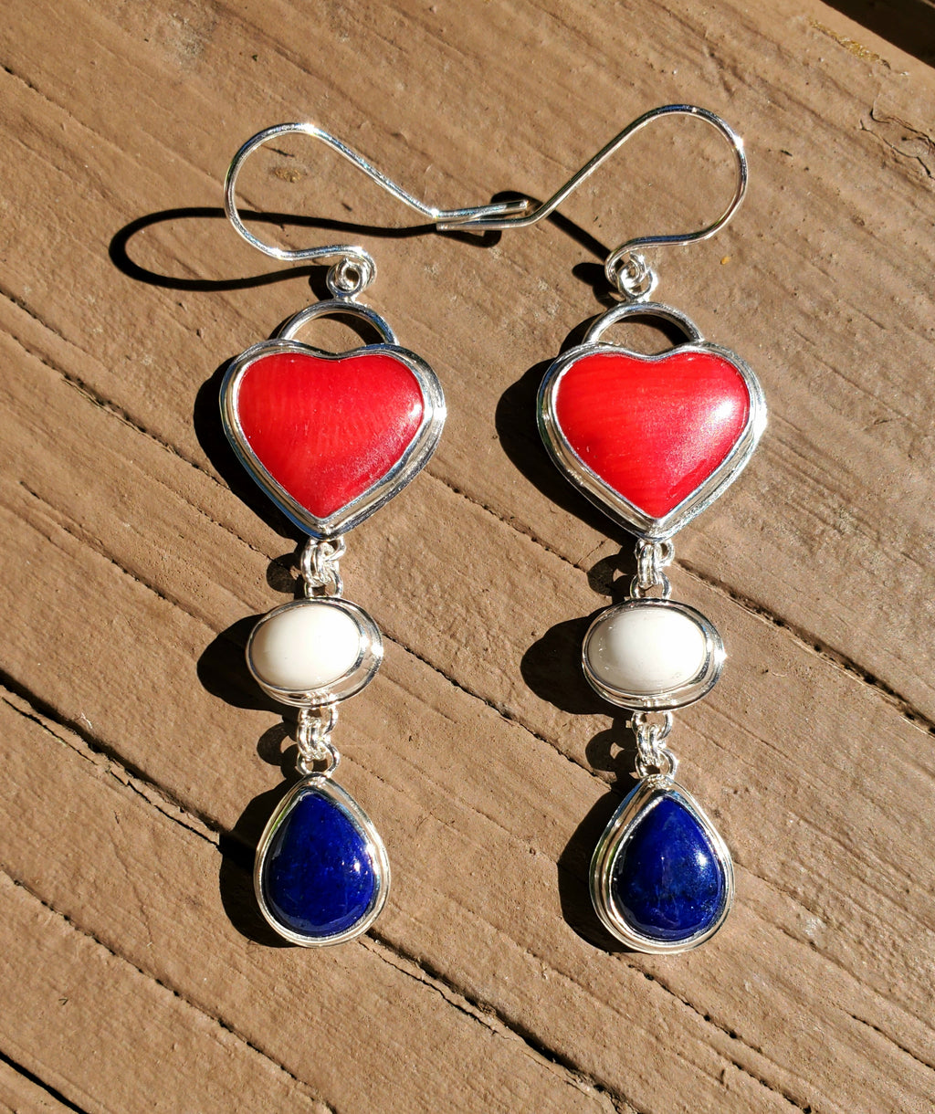 Red White and Blue Heart Dangle Earrings in Solid Sterling Silver (Lapis, Wh Buffalo, Coral)