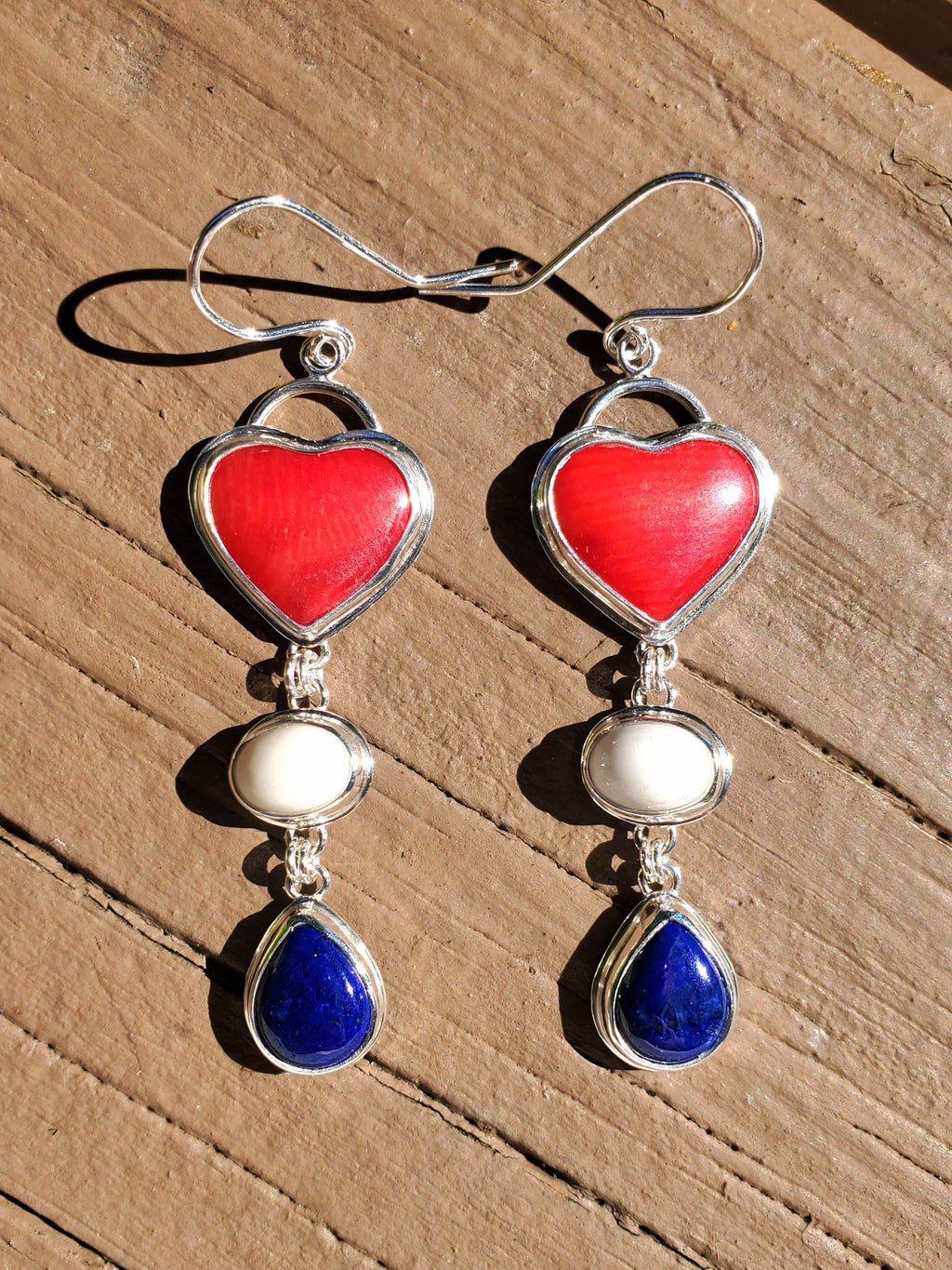 Red White and Blue Heart Dangle Earrings in Solid Sterling Silver (Lapis, Wh Buffalo, Coral)