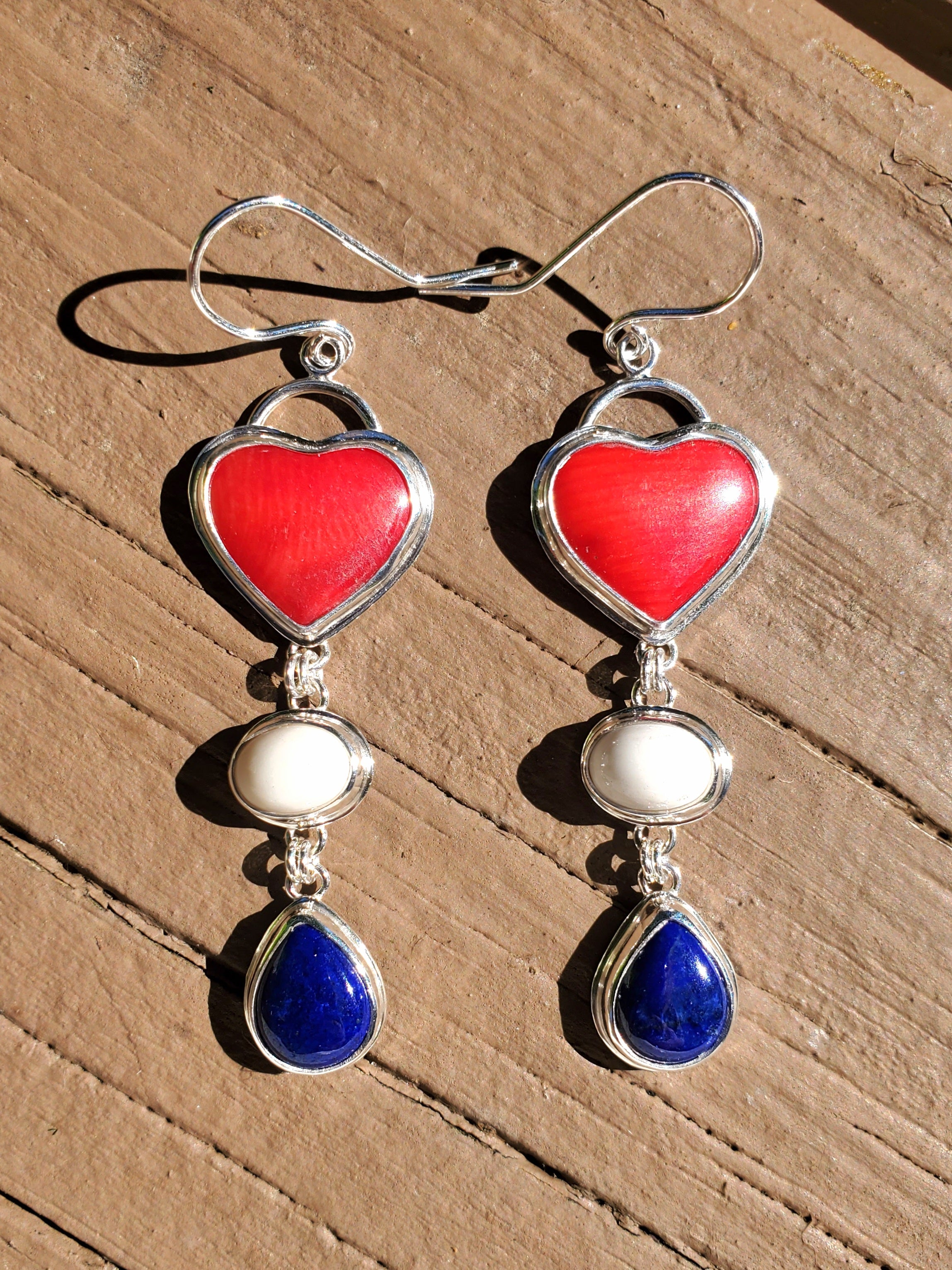 Red White and Blue Heart Dangle Earrings in Solid Sterling Silver (Lapis, Wh Buffalo, Coral)
