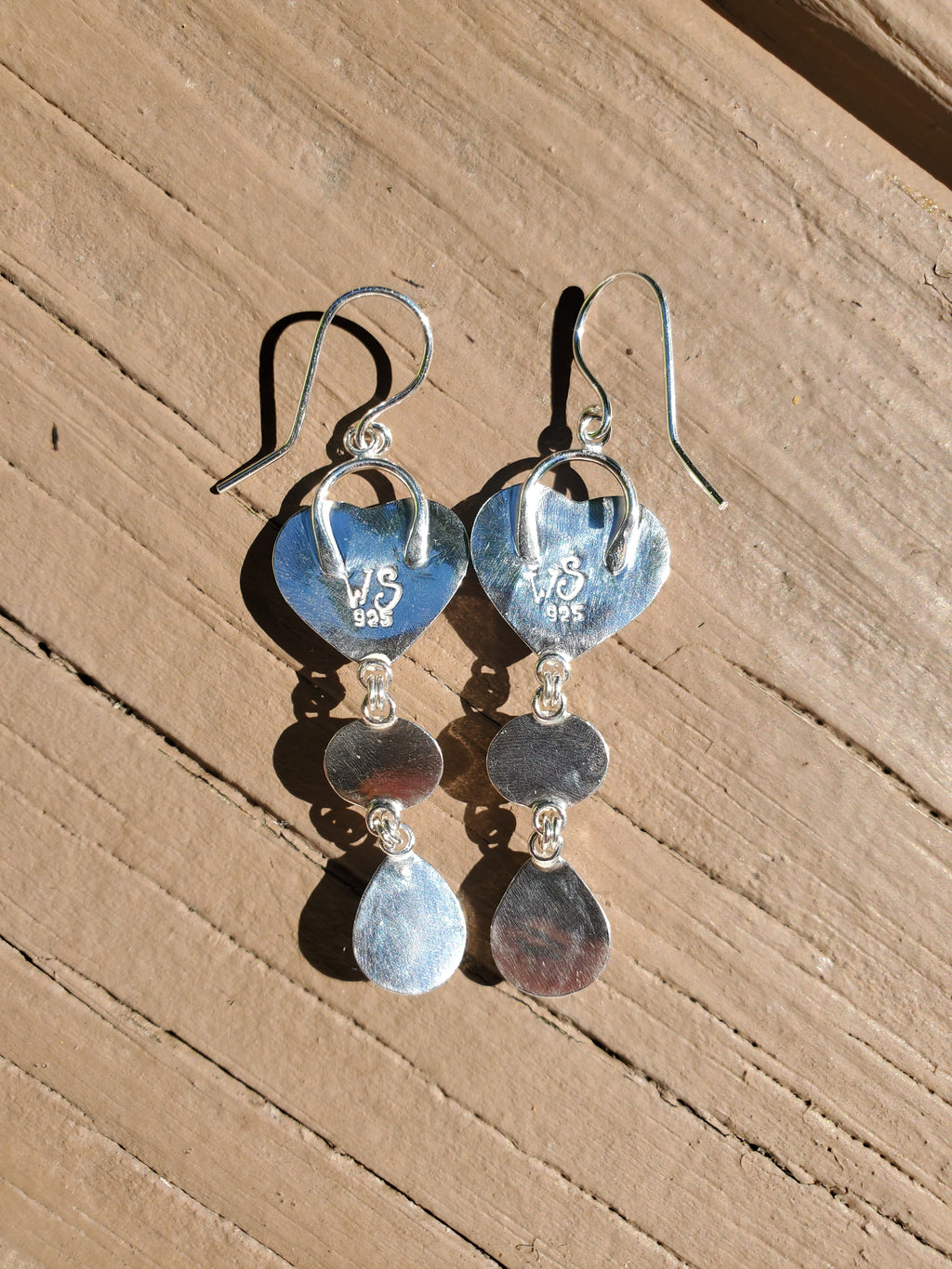 Red White and Blue Heart Dangle Earrings in Solid Sterling Silver (Lapis, Wh Buffalo, Coral)