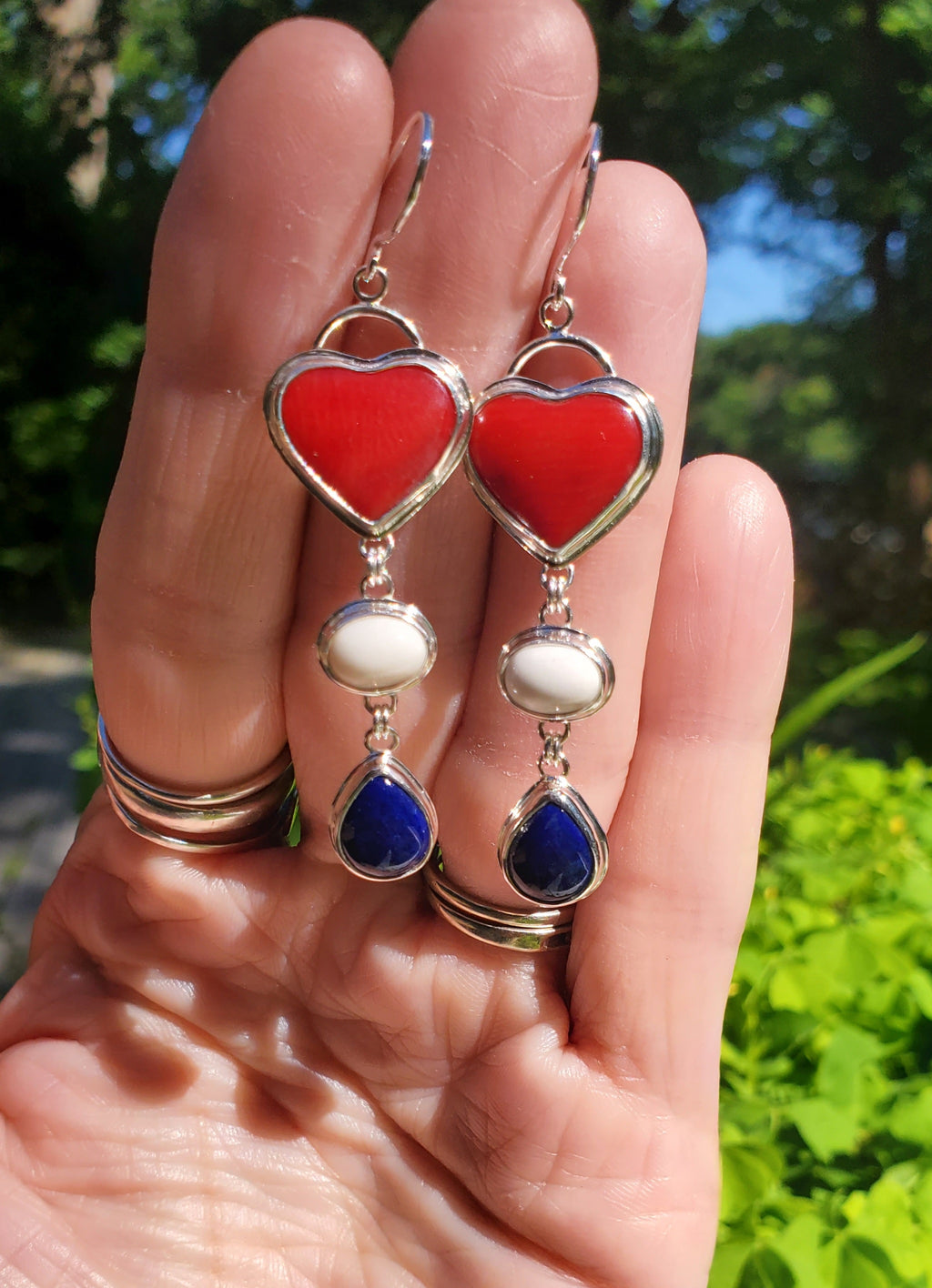 Red White and Blue Heart Dangle Earrings in Solid Sterling Silver (Lapis, Wh Buffalo, Coral)