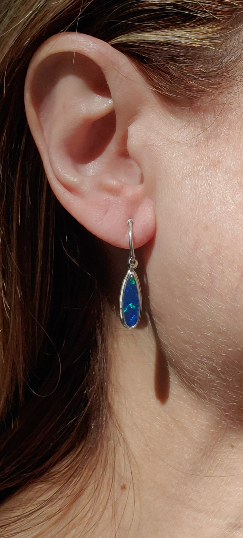 Australian Opal Hoop Dangle Earrings in Solid Sterling Silver
