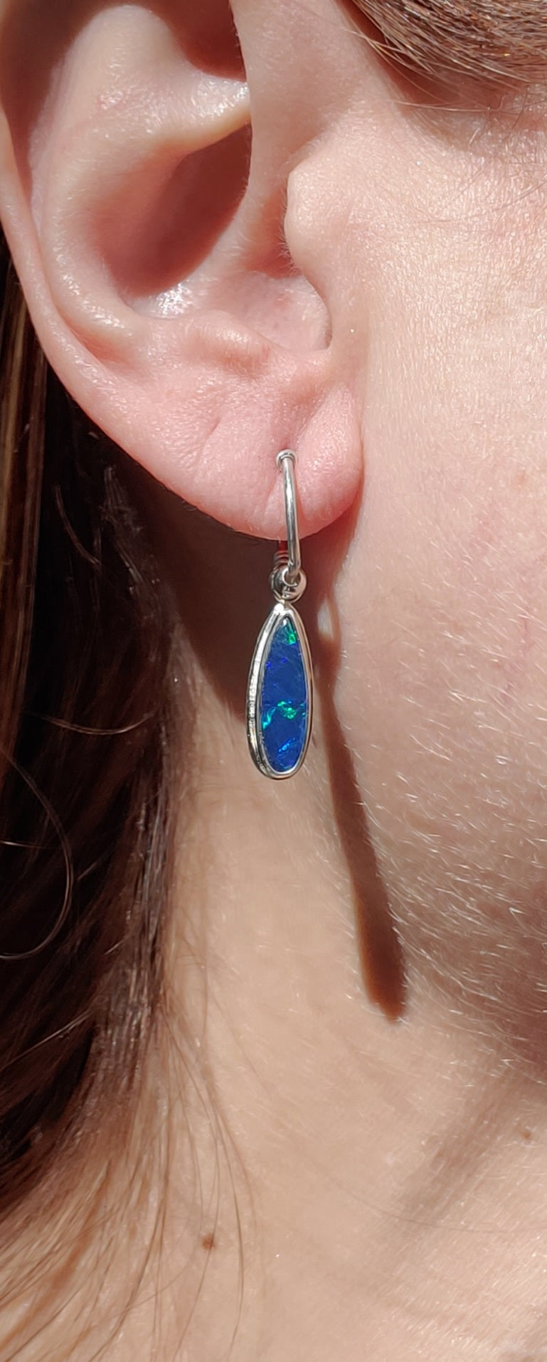 Australian Opal Hoop Dangle Earrings in Solid Sterling Silver