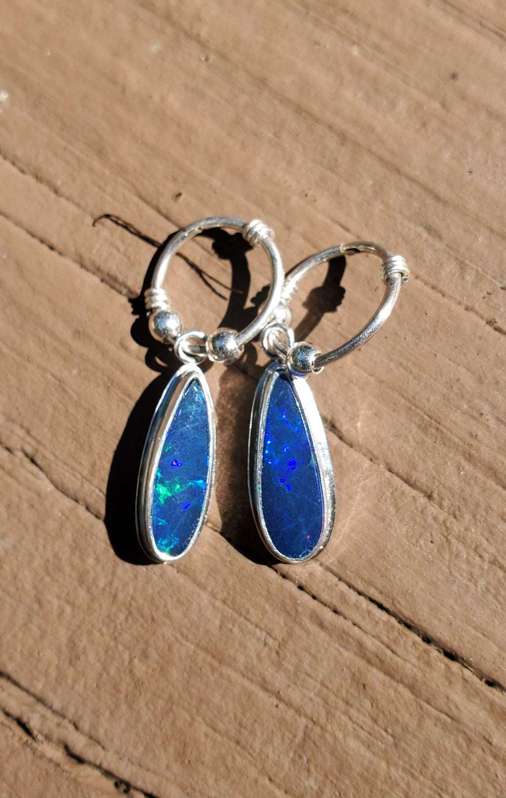 Australian Opal Hoop Dangle Earrings in Solid Sterling Silver