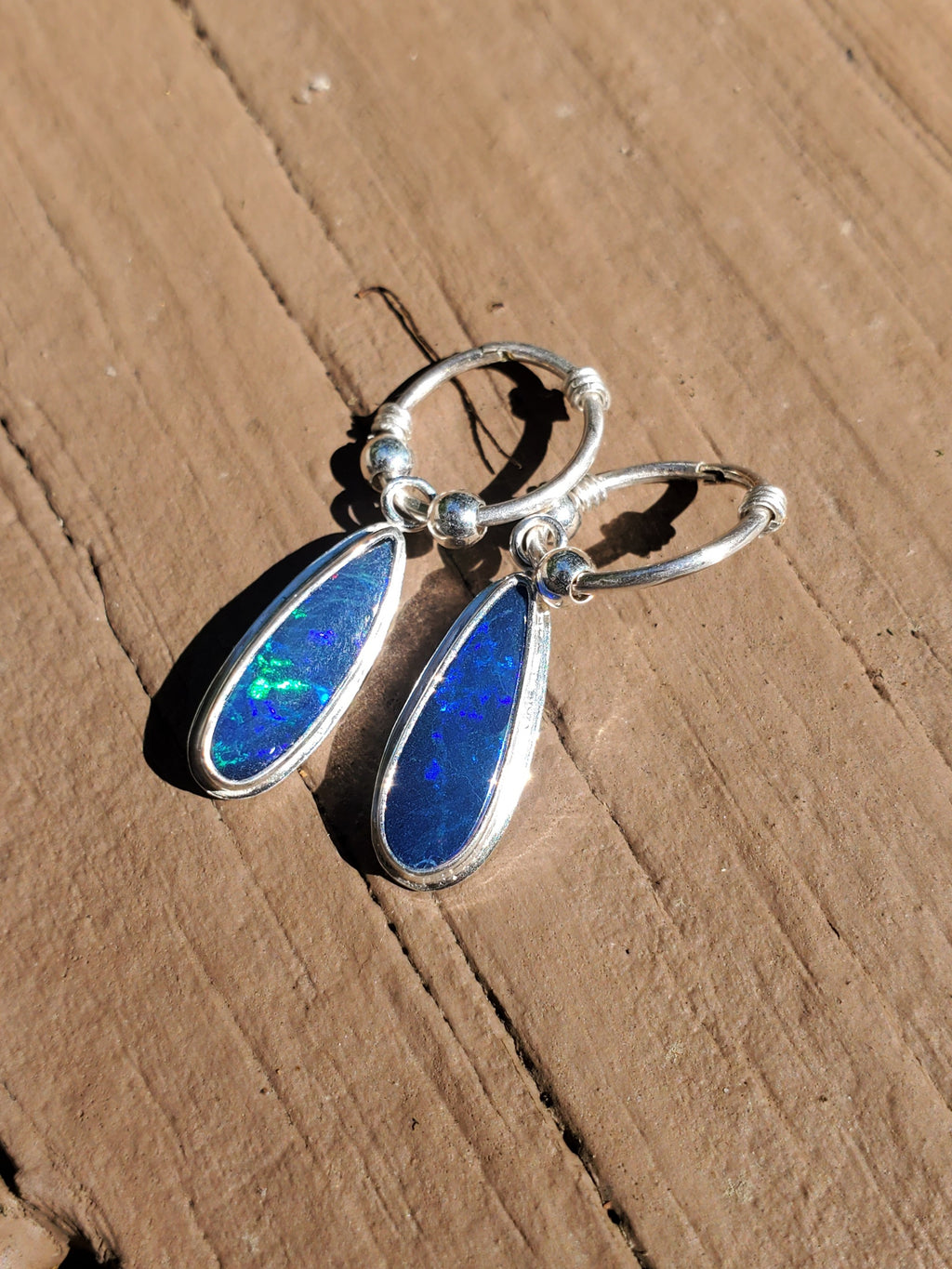 Australian Opal Hoop Dangle Earrings in Solid Sterling Silver