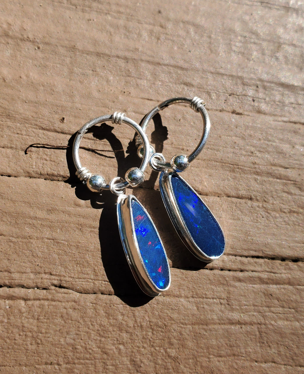 Australian Opal Hoop Dangle Earrings in Solid Sterling Silver