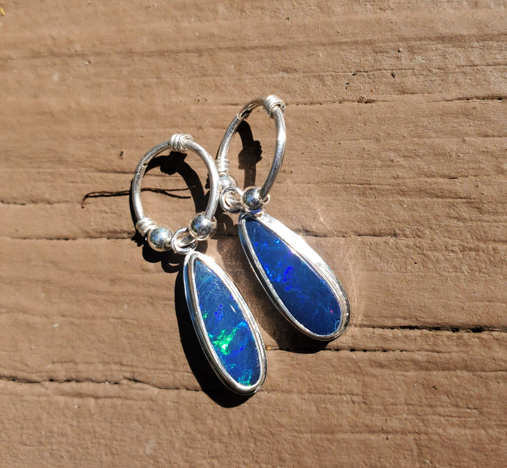 Australian Opal Hoop Dangle Earrings in Solid Sterling Silver