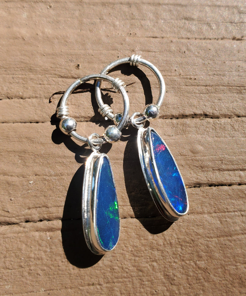 Australian Opal Hoop Dangle Earrings in Solid Sterling Silver