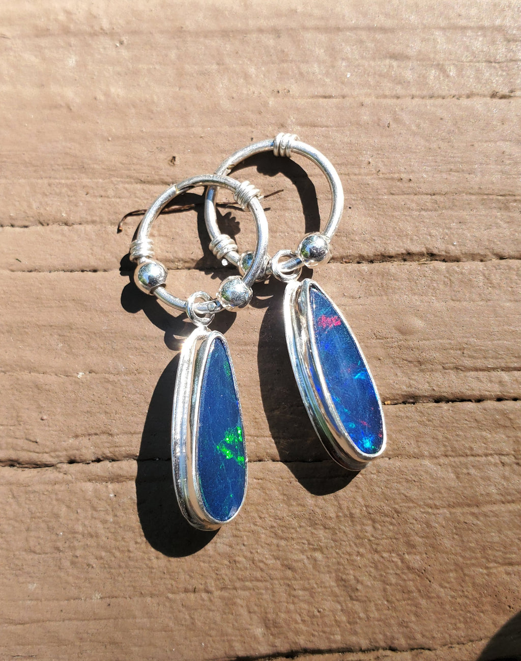 Australian Opal Hoop Dangle Earrings in Solid Sterling Silver