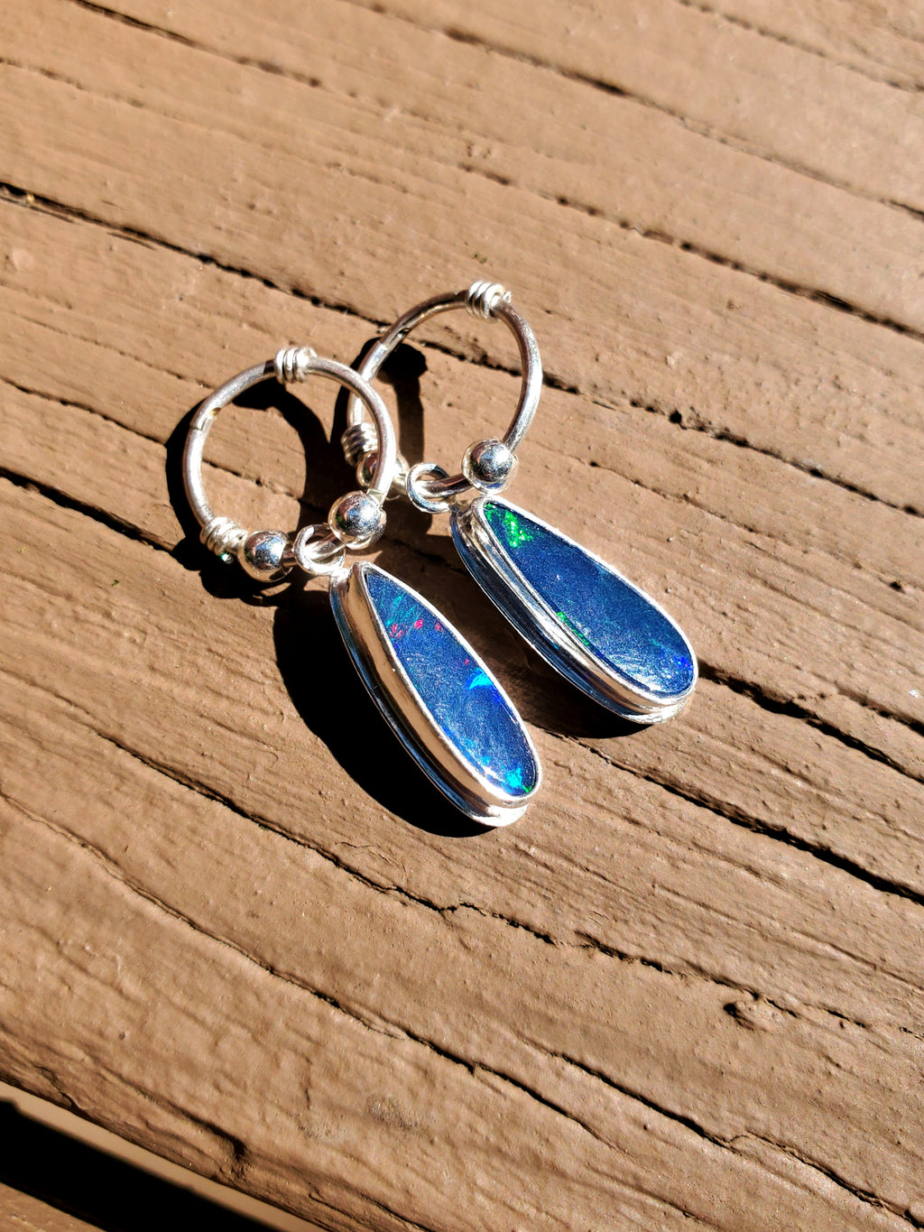 Australian Opal Hoop Dangle Earrings in Solid Sterling Silver