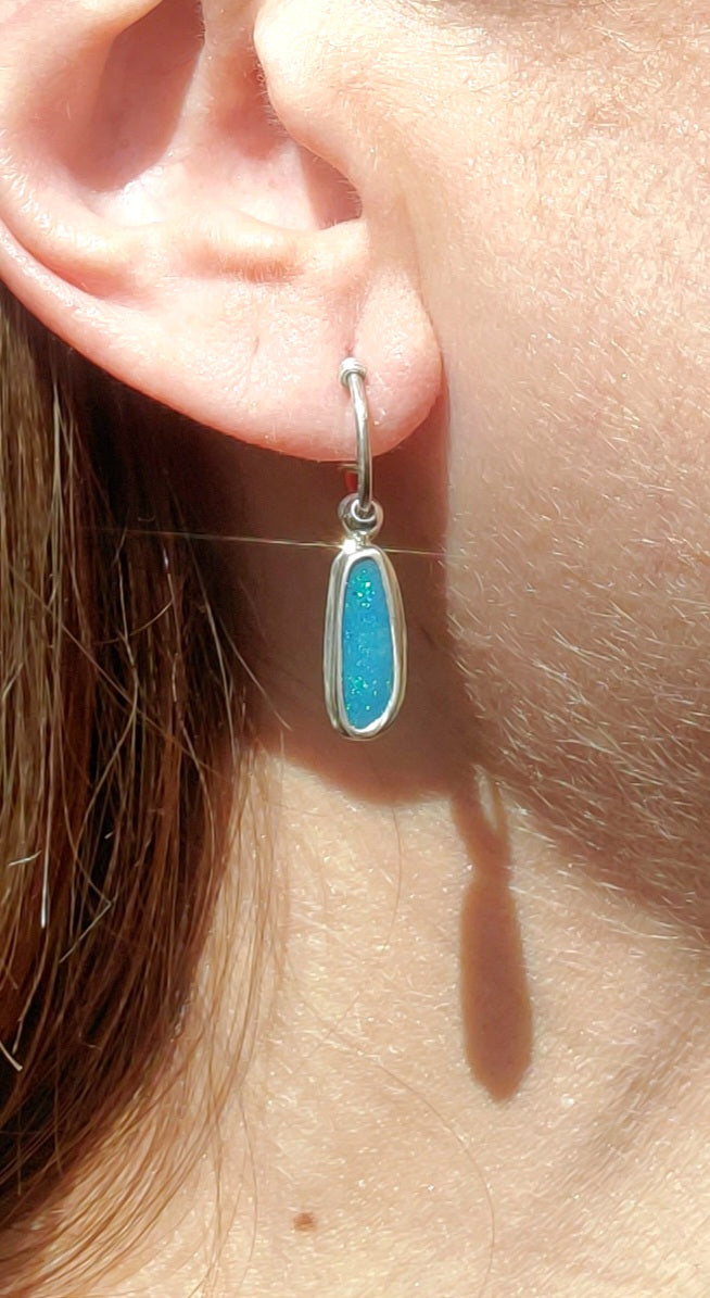 Australian Opal Hoop Dangle Earrings in Solid Sterling Silver