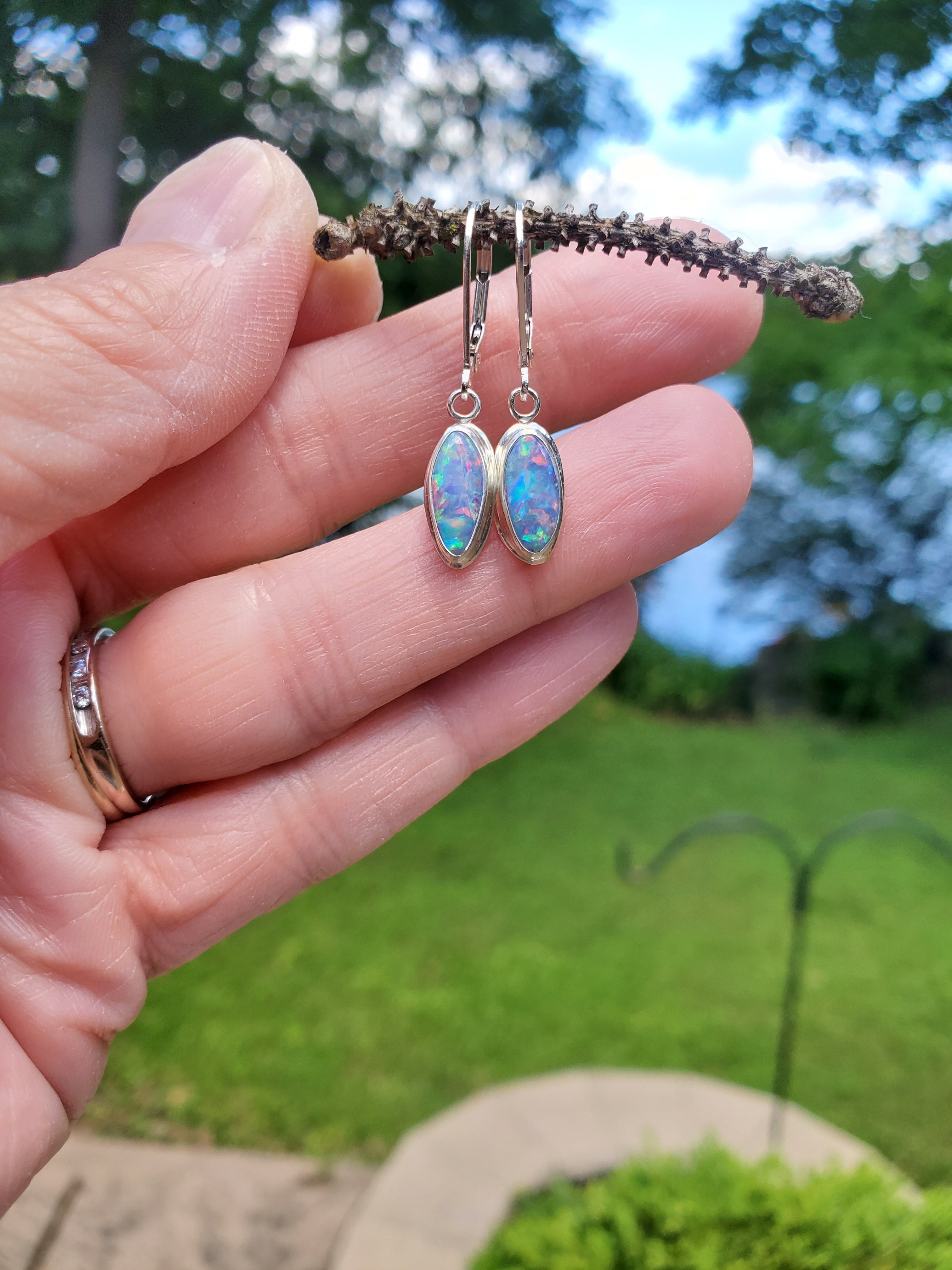 Australian Opal Dangle Earrings in Solid Sterling Silver