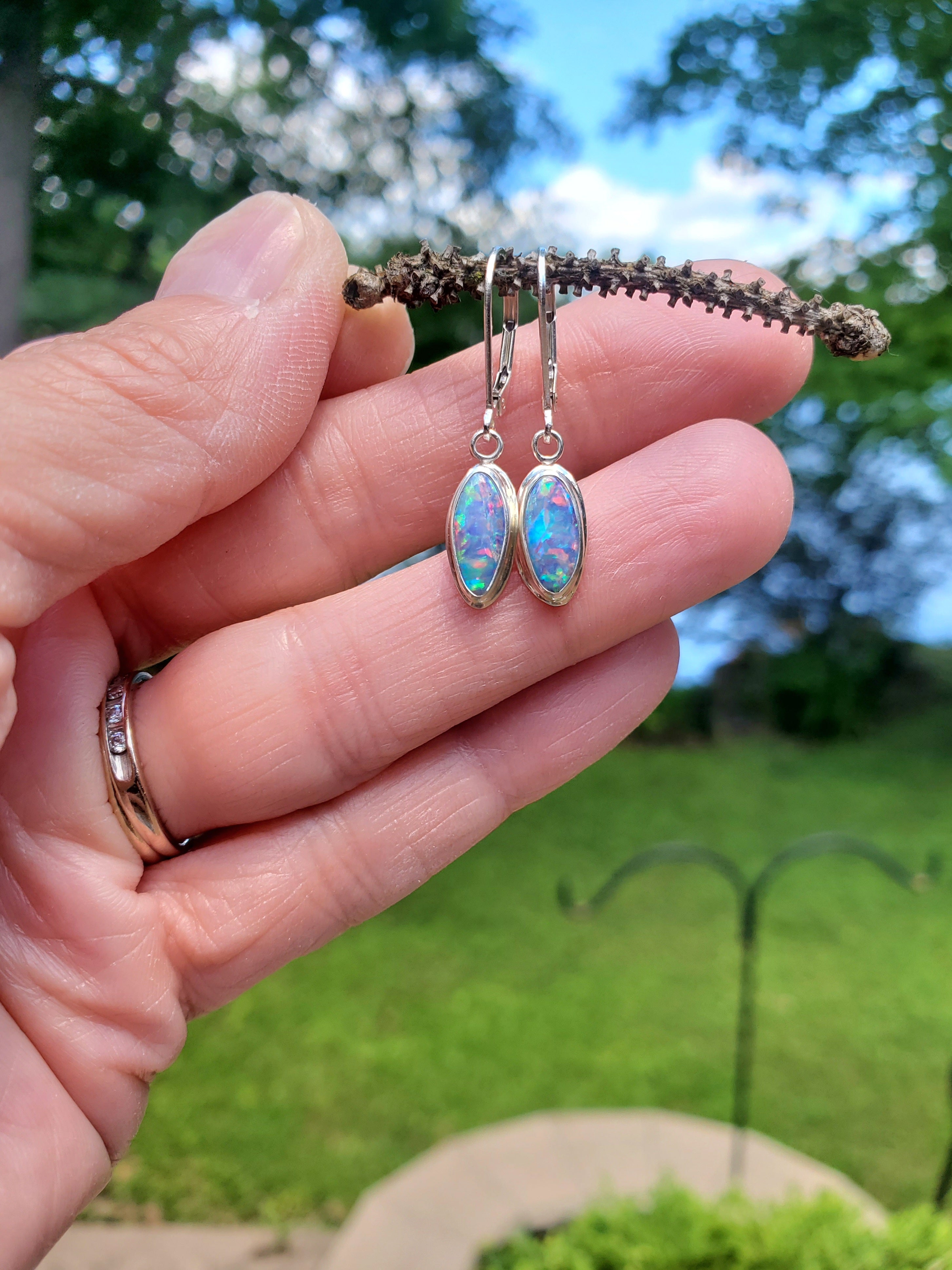 Australian Opal Dangle Earrings in Solid Sterling Silver