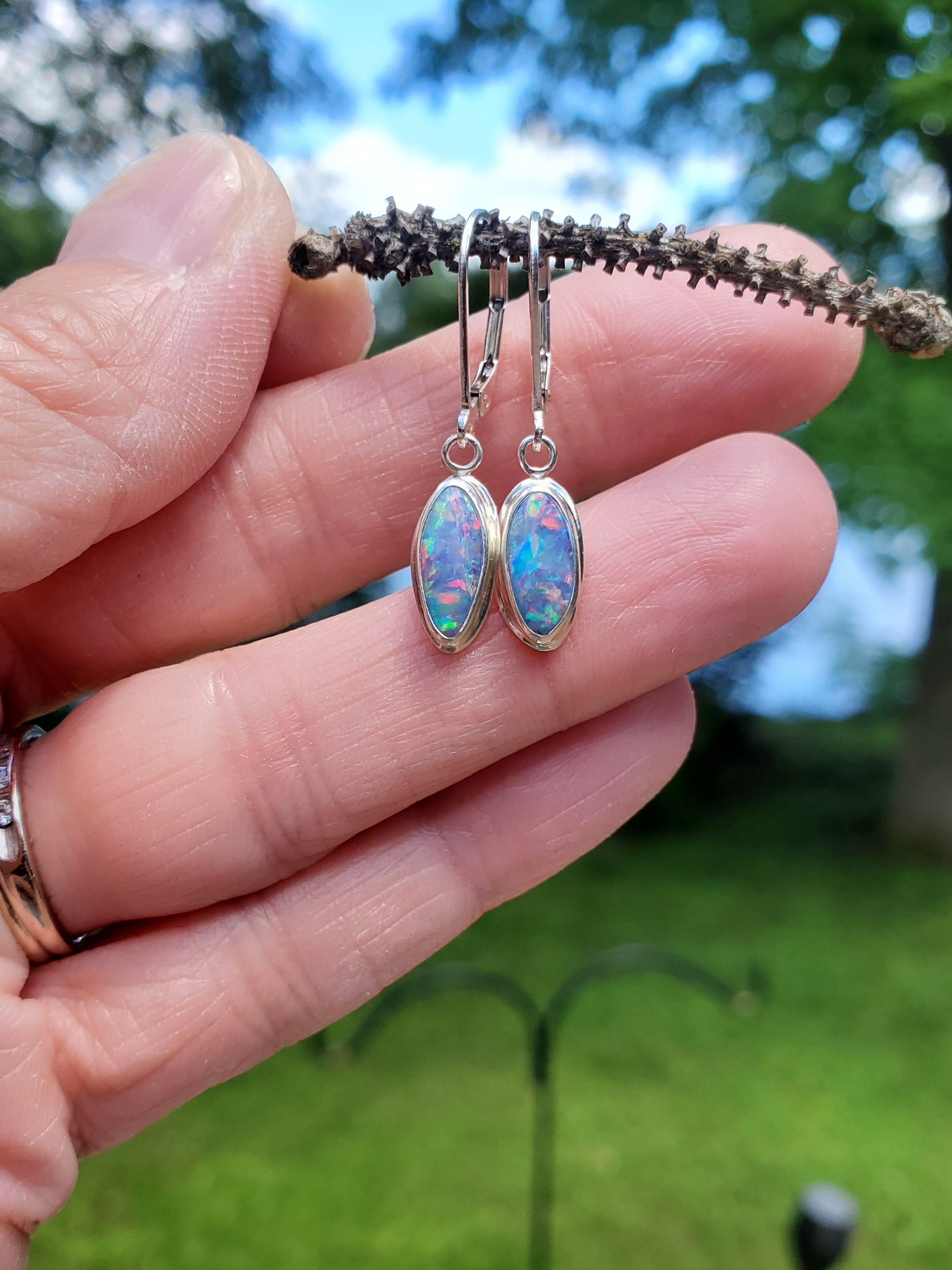 Australian Opal Dangle Earrings in Solid Sterling Silver