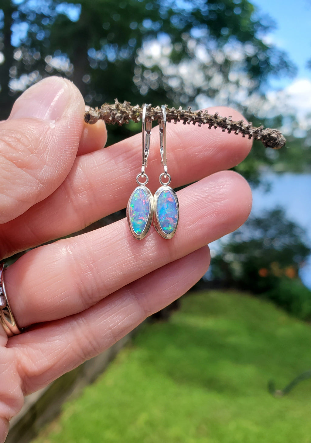 Australian Opal Dangle Earrings in Solid Sterling Silver