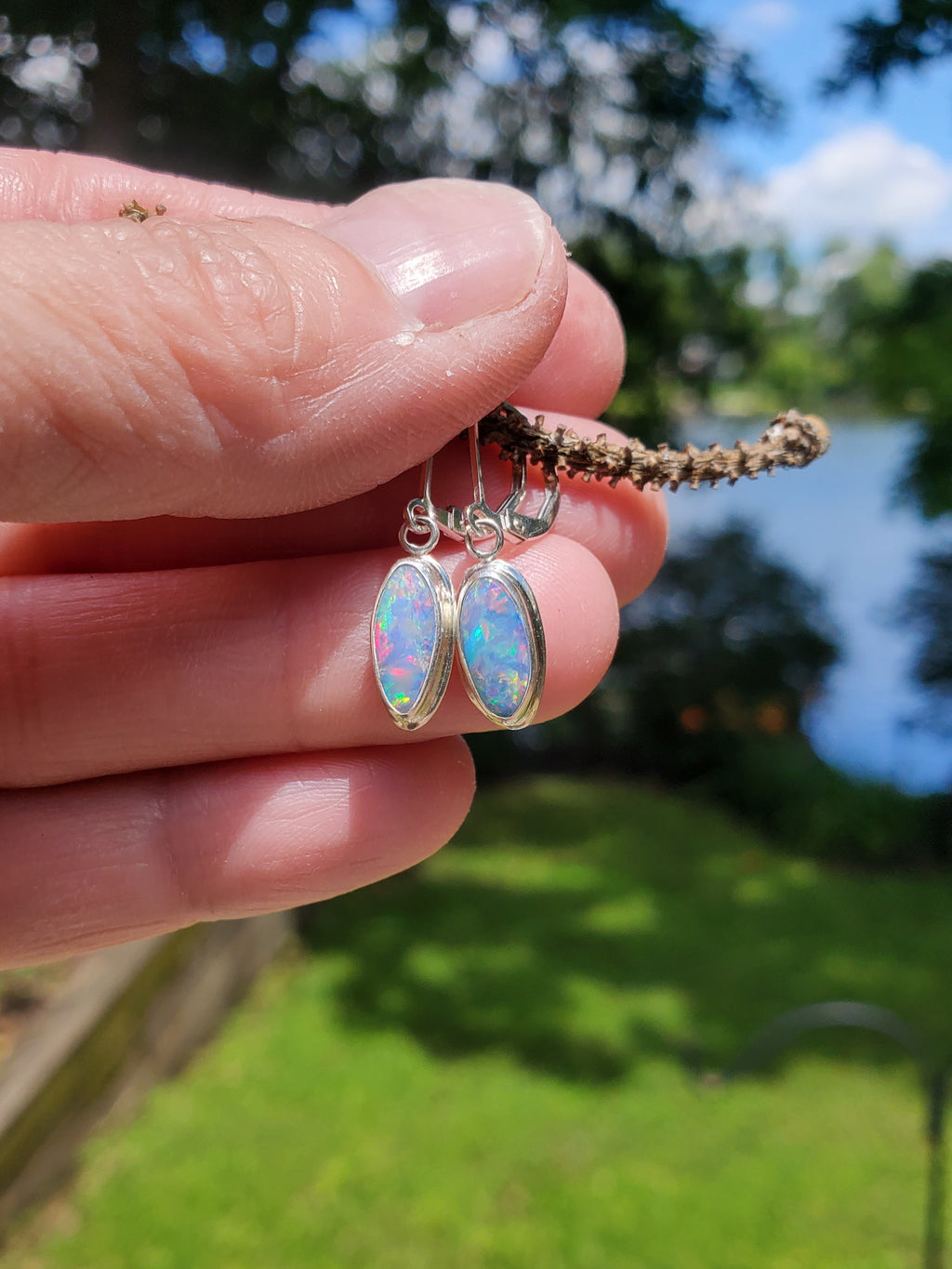 Australian Opal Dangle Earrings in Solid Sterling Silver