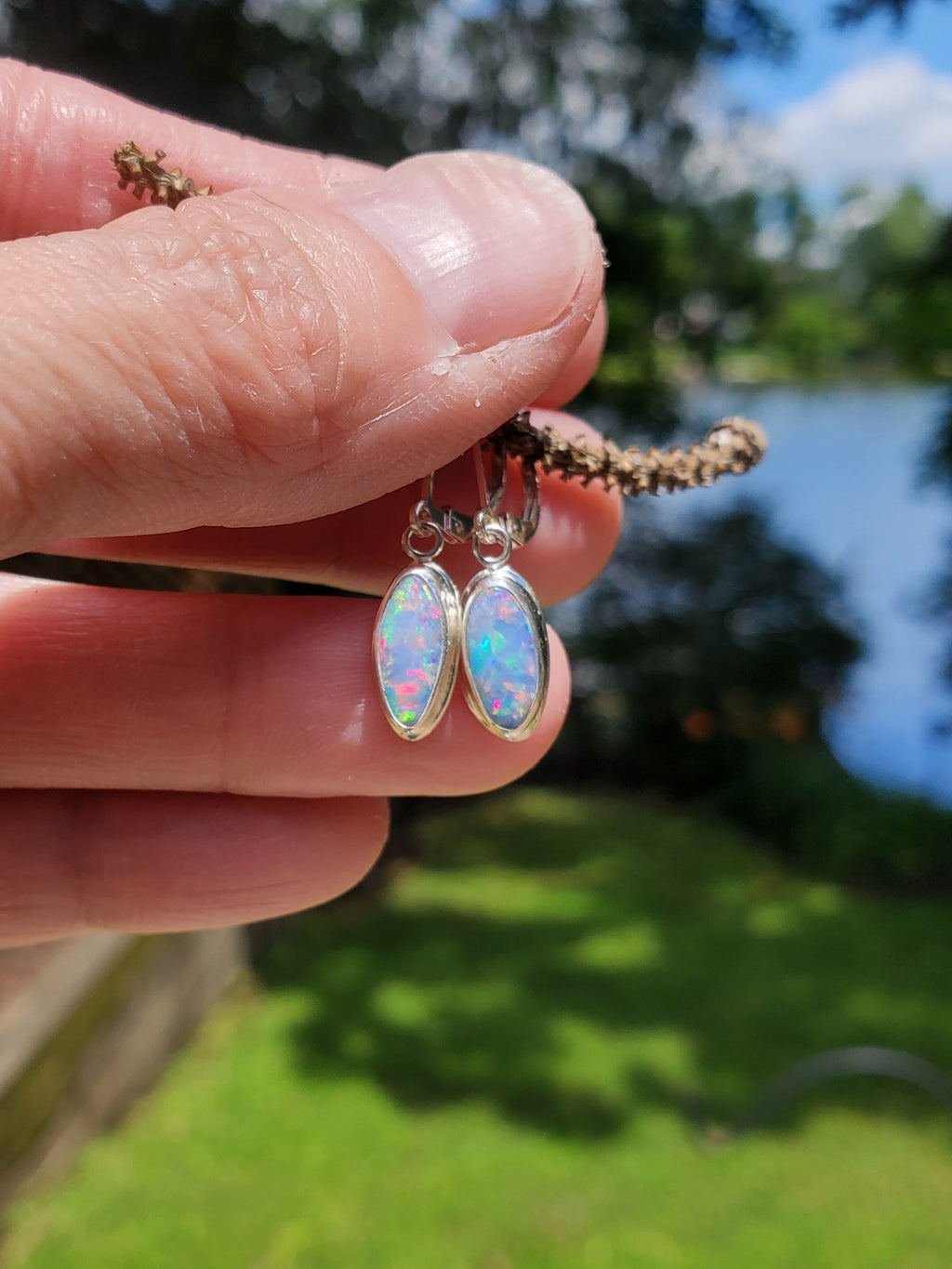 Australian Opal Dangle Earrings in Solid Sterling Silver