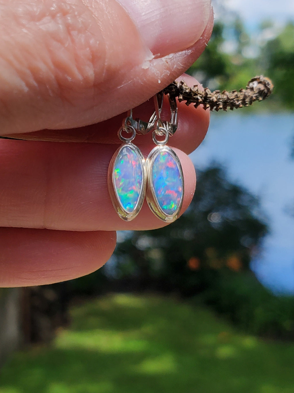 Australian Opal Dangle Earrings in Solid Sterling Silver