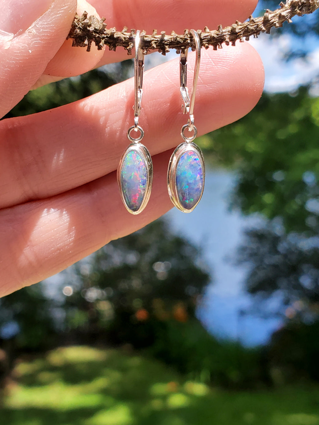 Australian Opal Dangle Earrings in Solid Sterling Silver