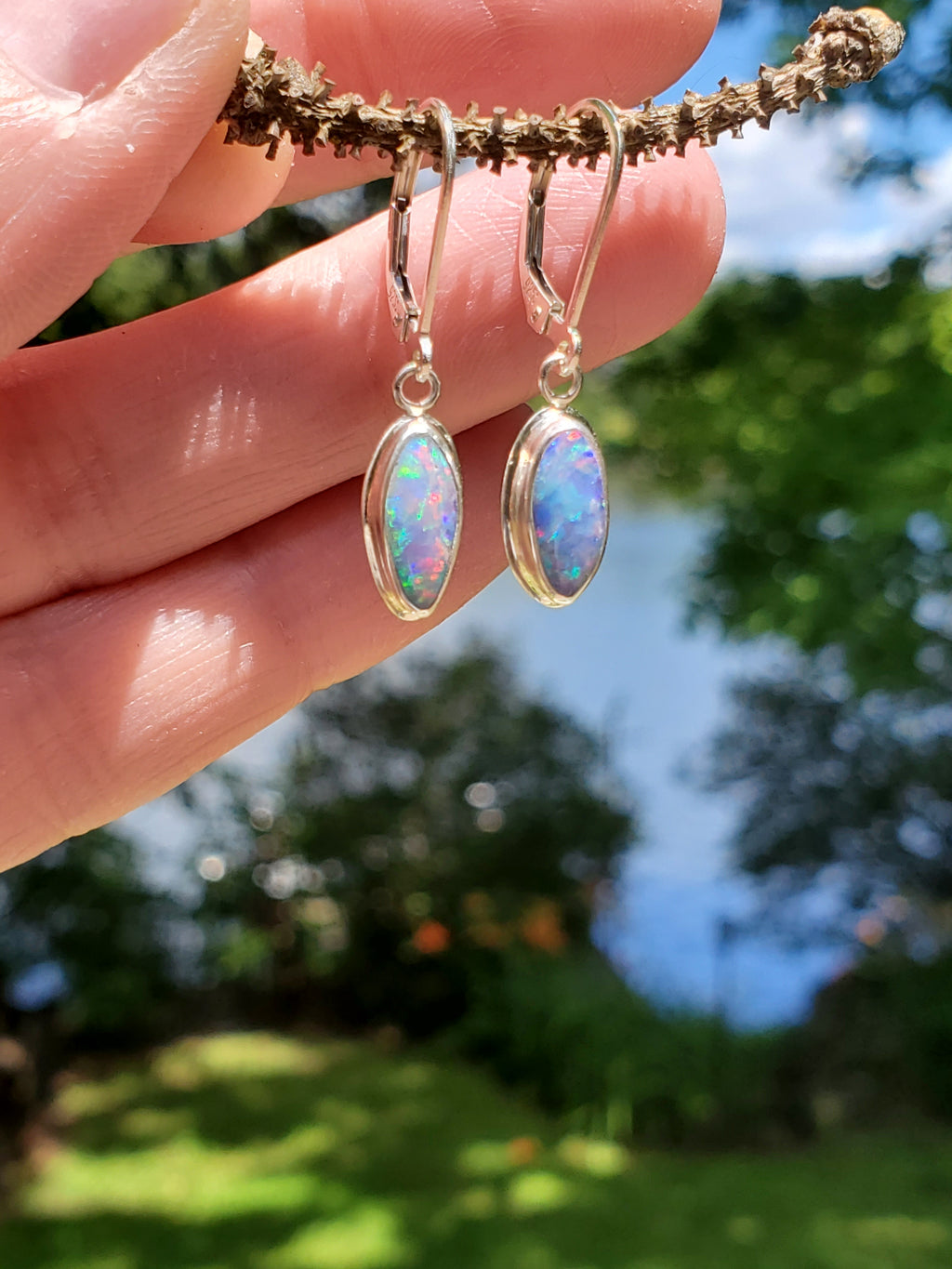 Australian Opal Dangle Earrings in Solid Sterling Silver
