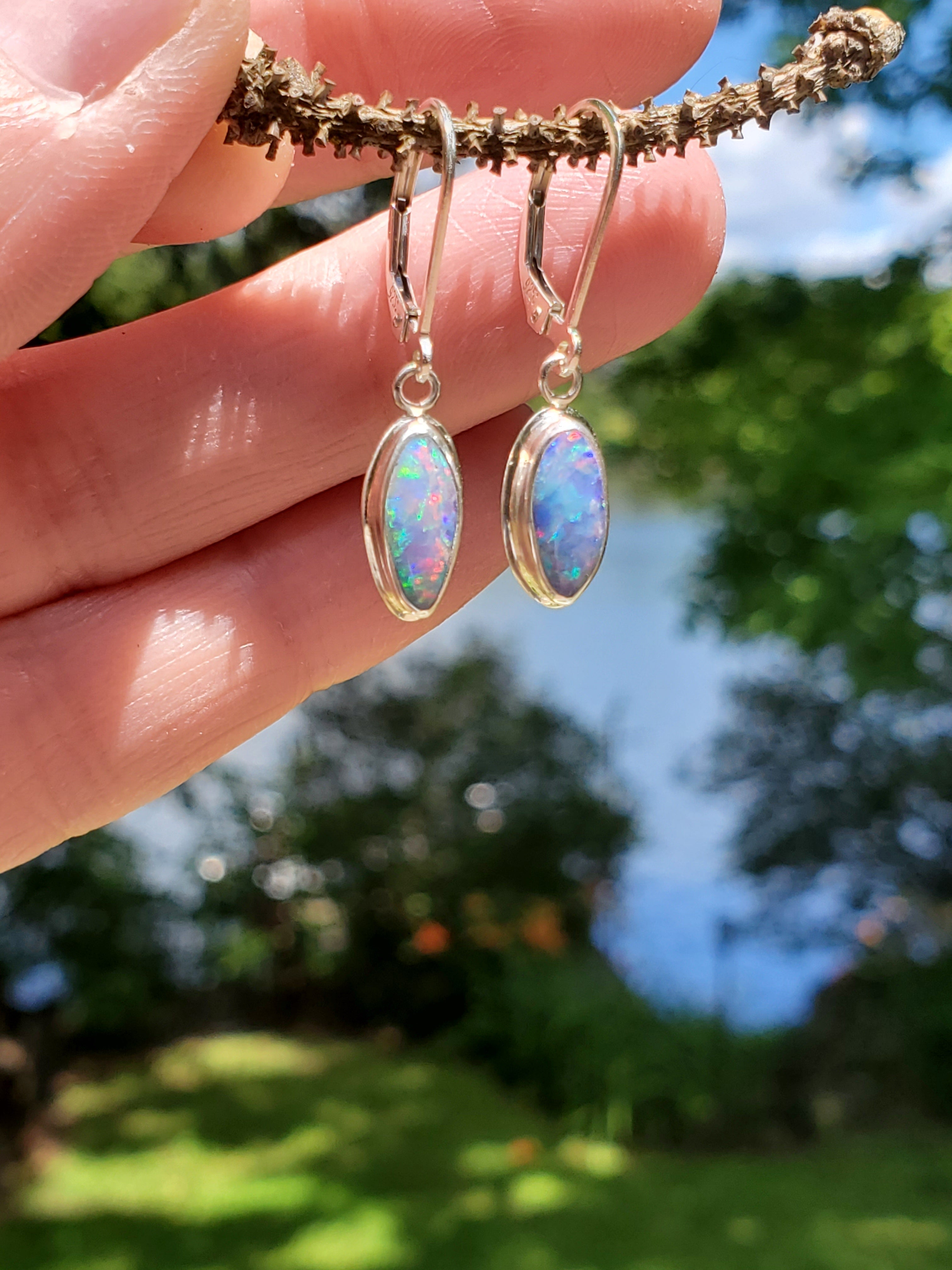 Australian Opal Dangle Earrings in Solid Sterling Silver