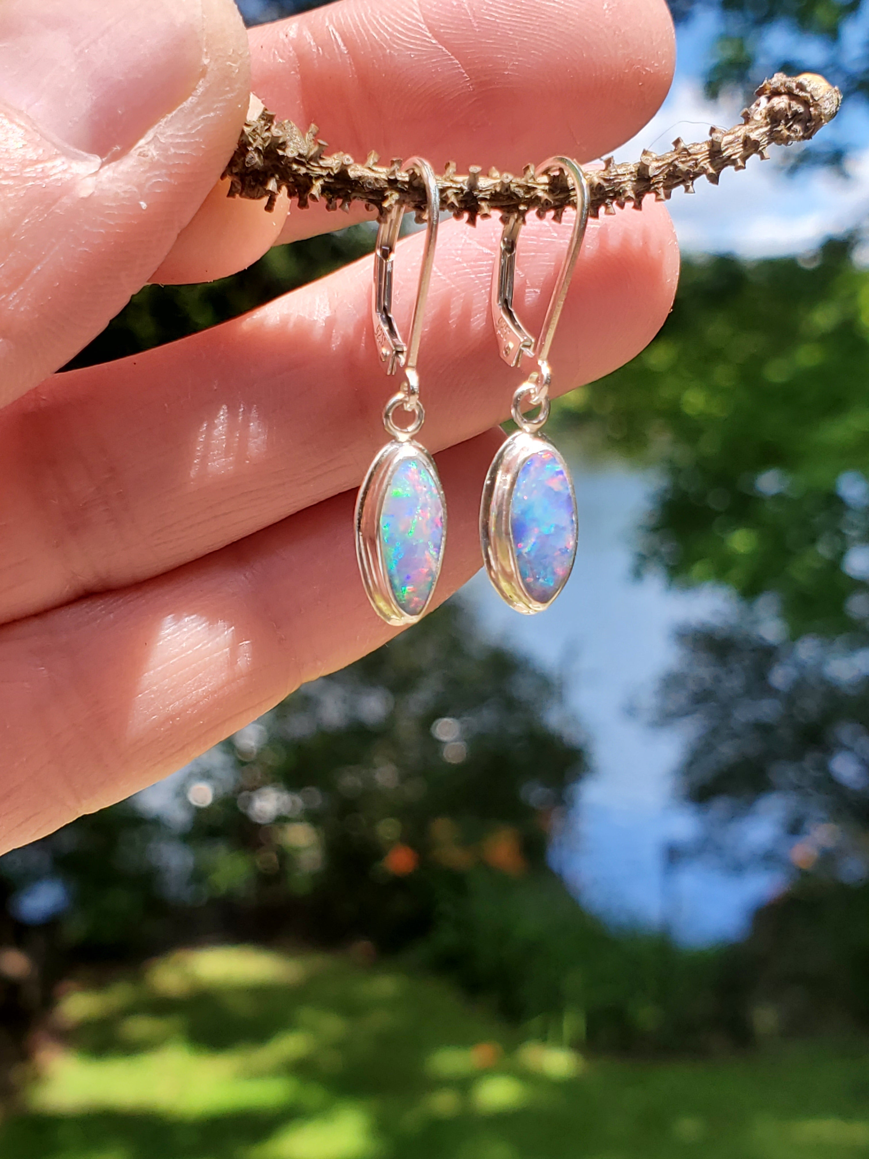 Australian Opal Dangle Earrings in Solid Sterling Silver