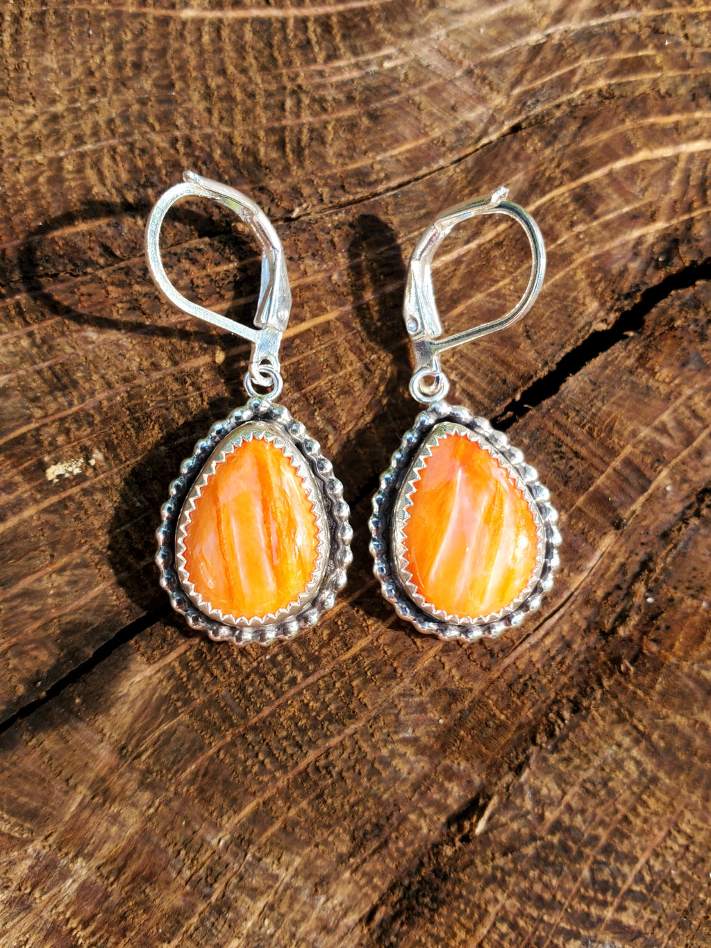 Orange Spiny Oyster Dangle Earrings in Solid Sterling Silver