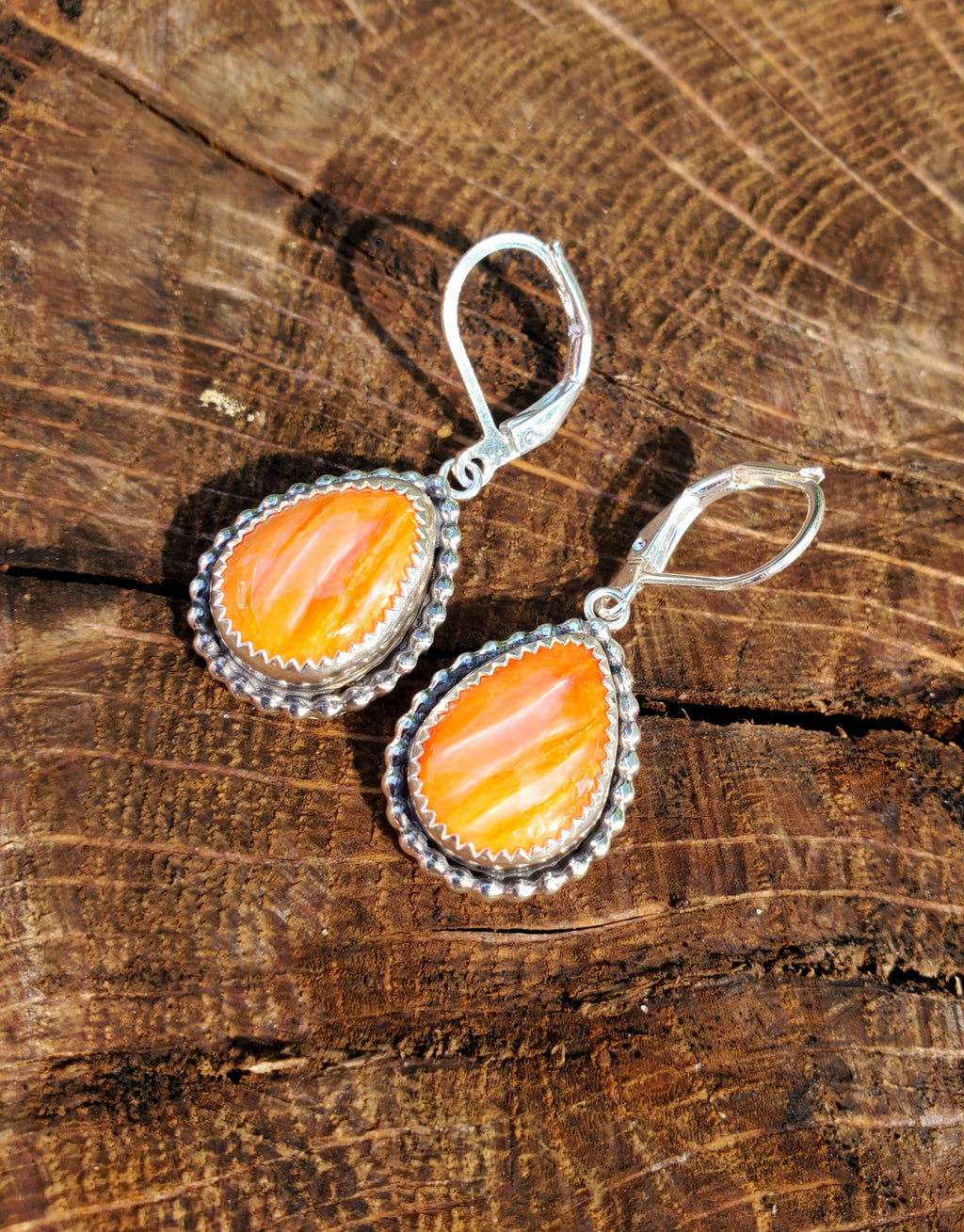 Orange Spiny Oyster Dangle Earrings in Solid Sterling Silver