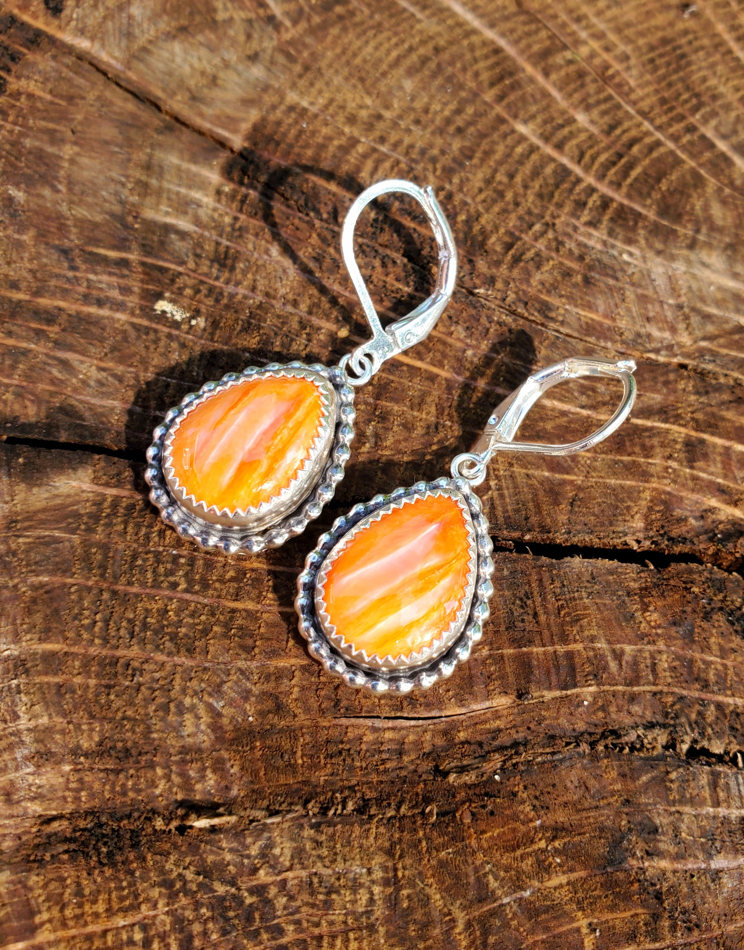 Orange Spiny Oyster Dangle Earrings in Solid Sterling Silver