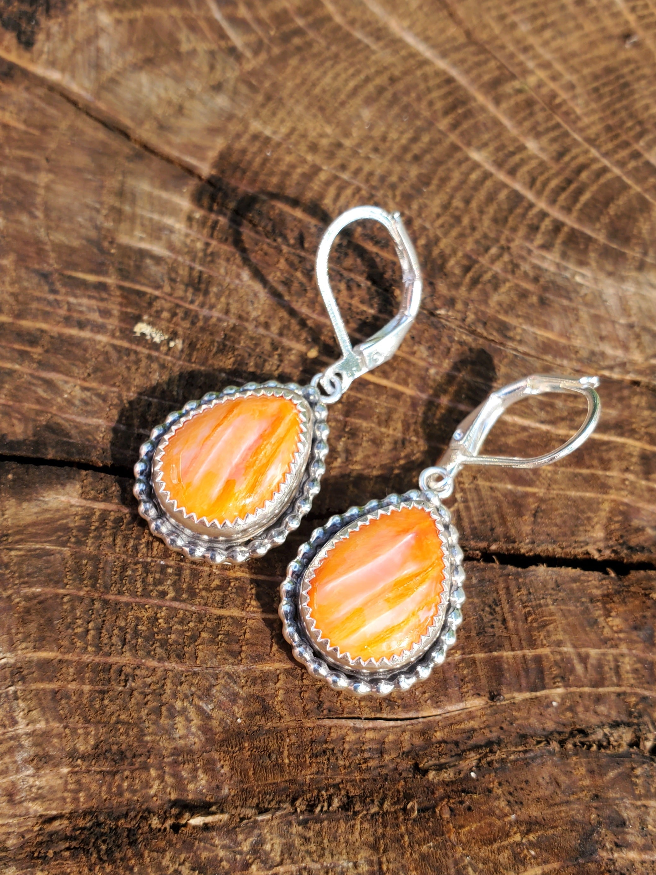 Orange Spiny Oyster Dangle Earrings in Solid Sterling Silver