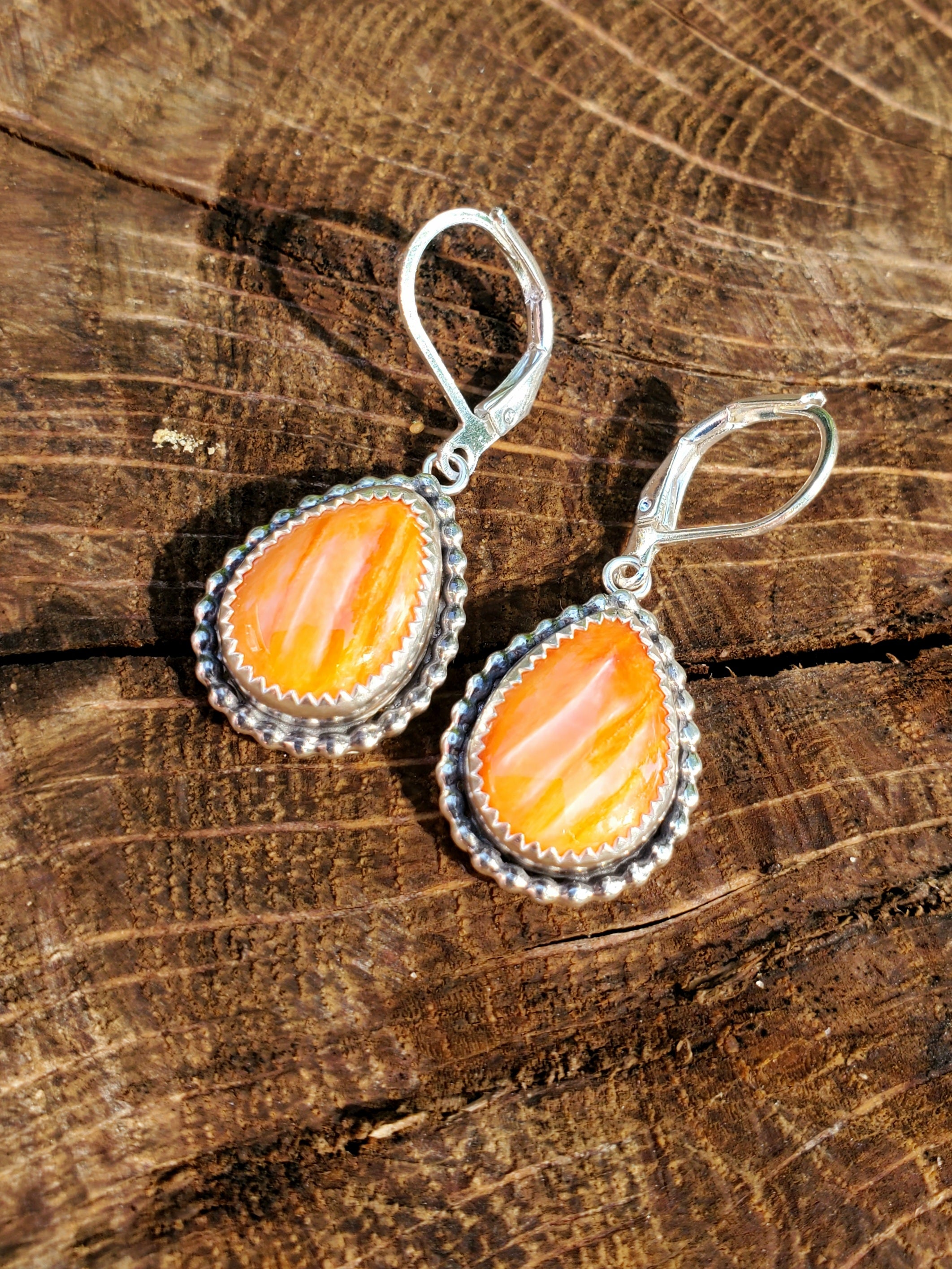 Orange Spiny Oyster Dangle Earrings in Solid Sterling Silver